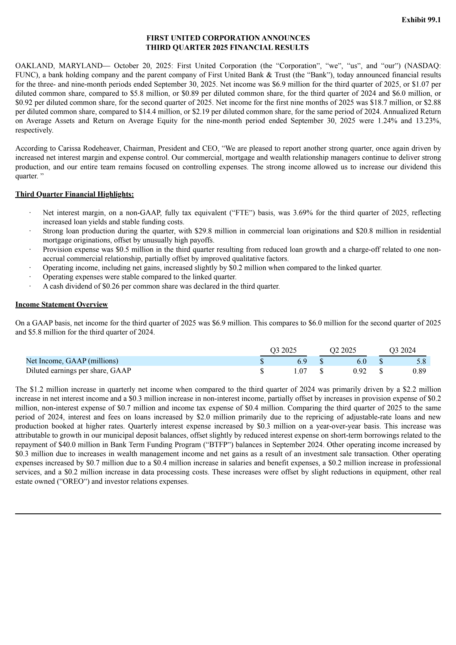 First United's Q3 2025 Earnings Release