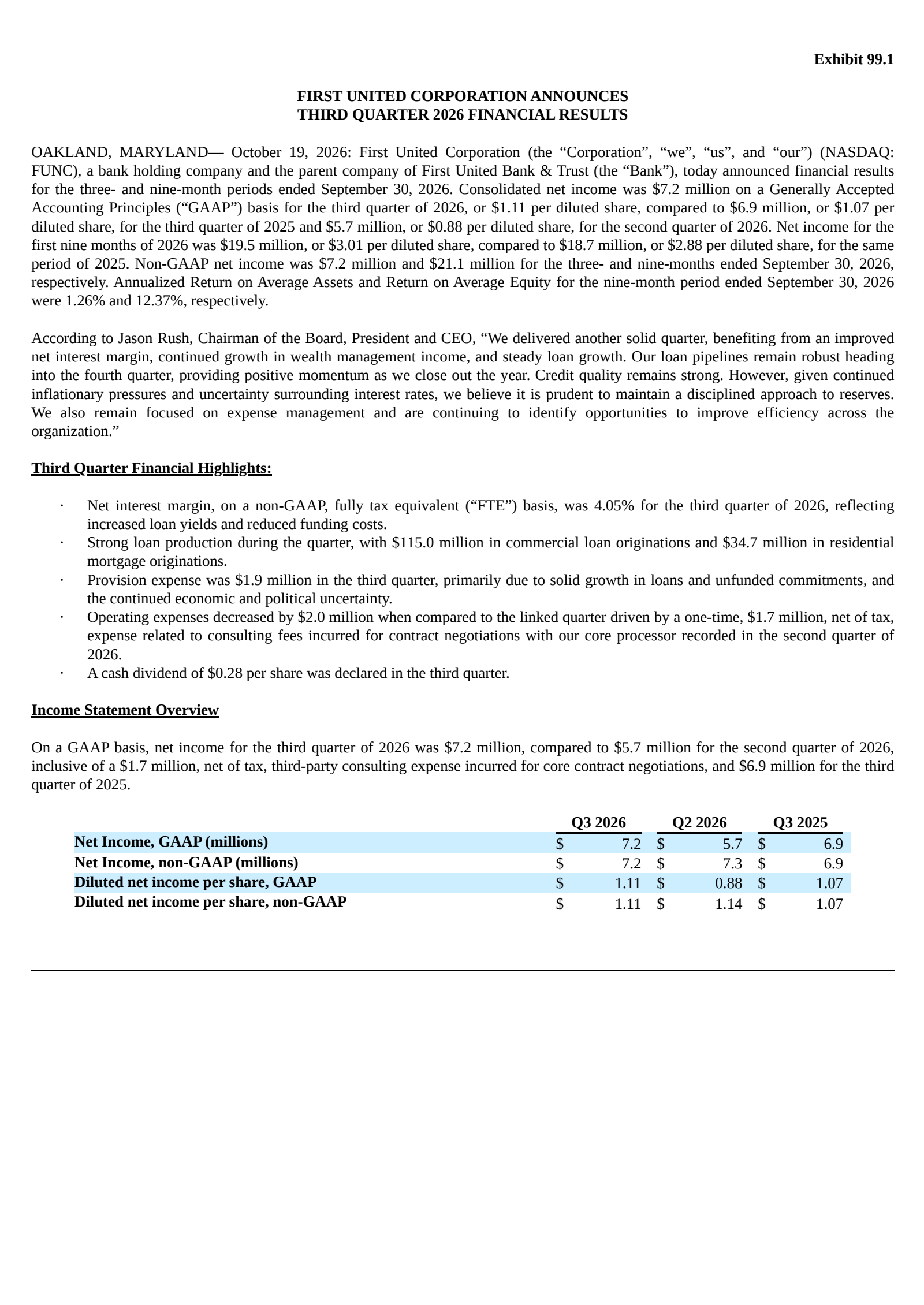 First United's Q3 2026 Press Release