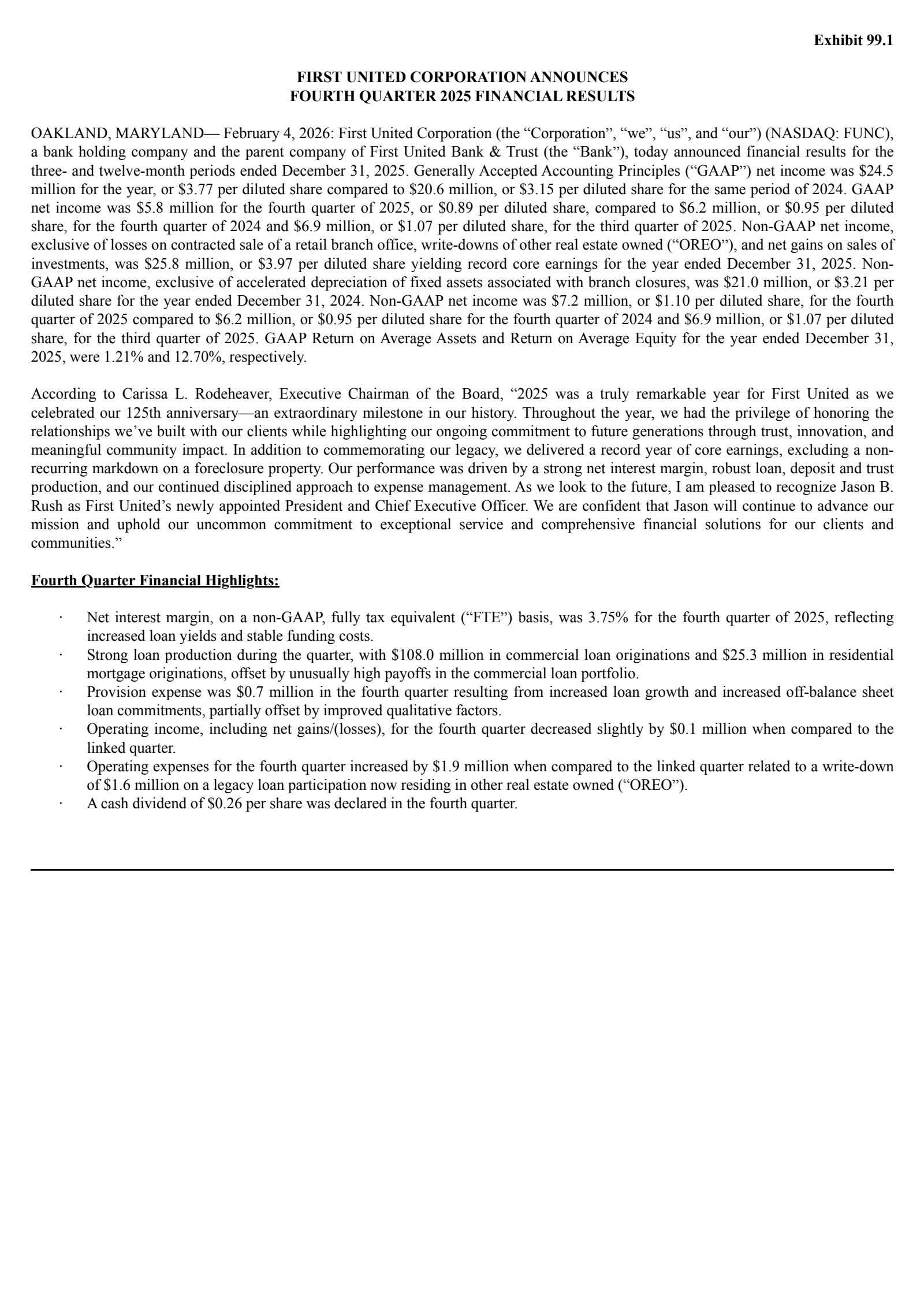 First United's Q4 2025 Press Release