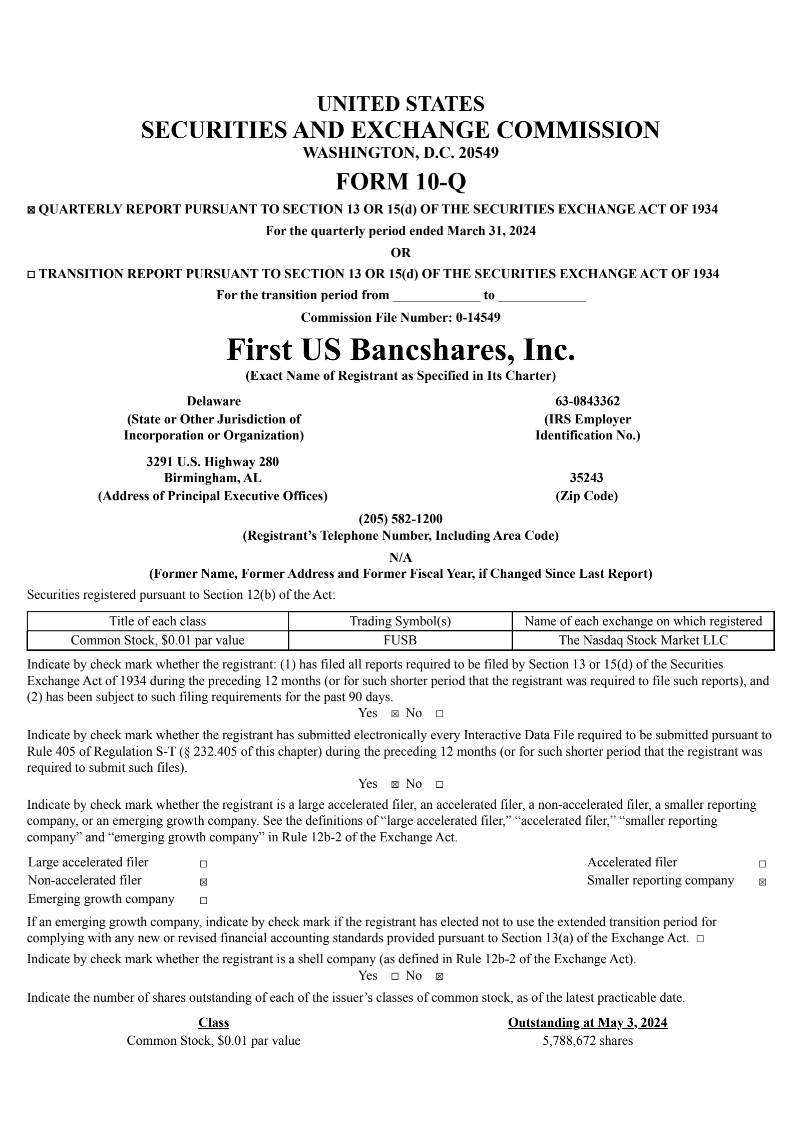 First US Bancshares' Q1 2024 Quarterly report