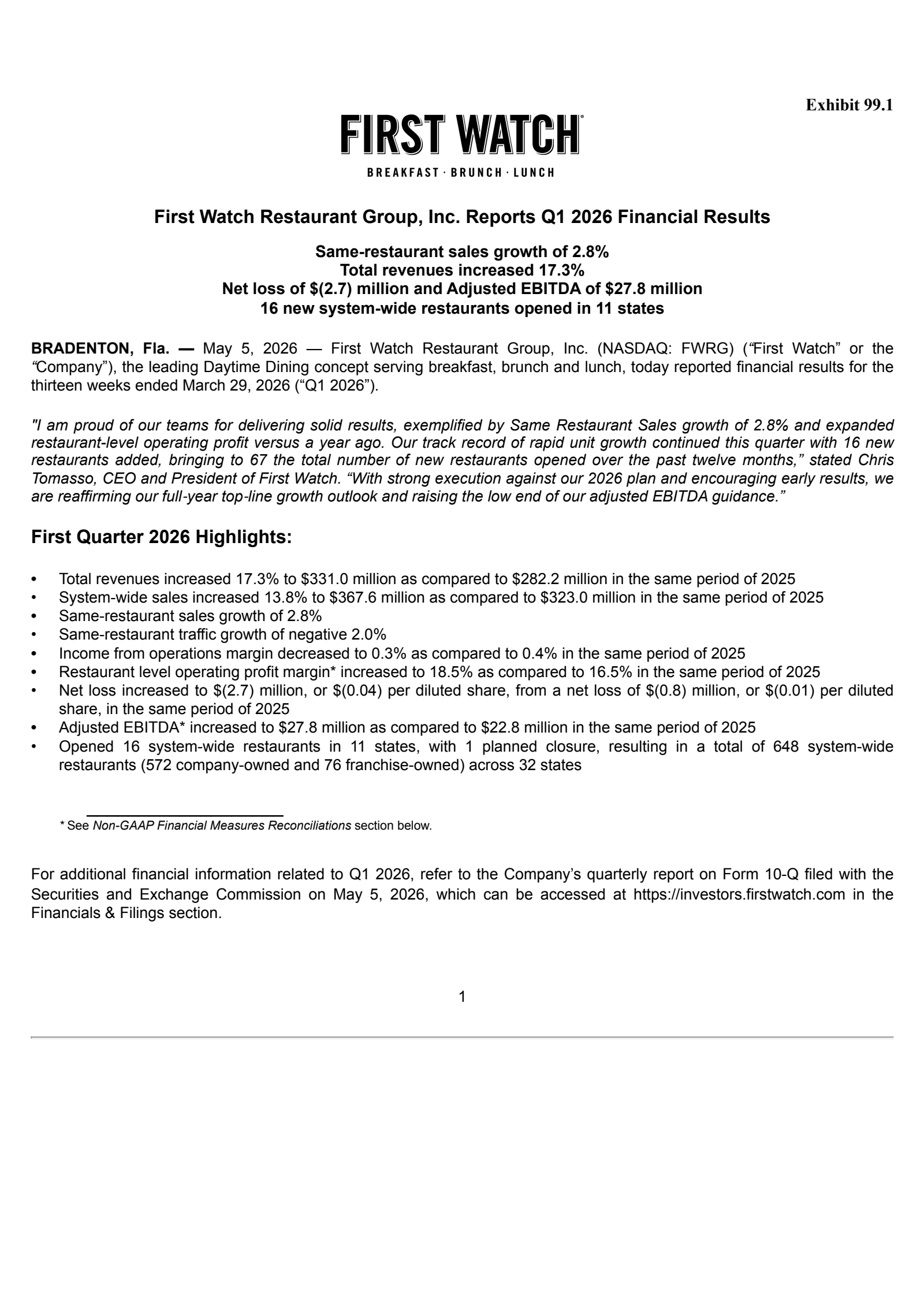 First Watch Restaurant Group's Q1 2026 Press Release