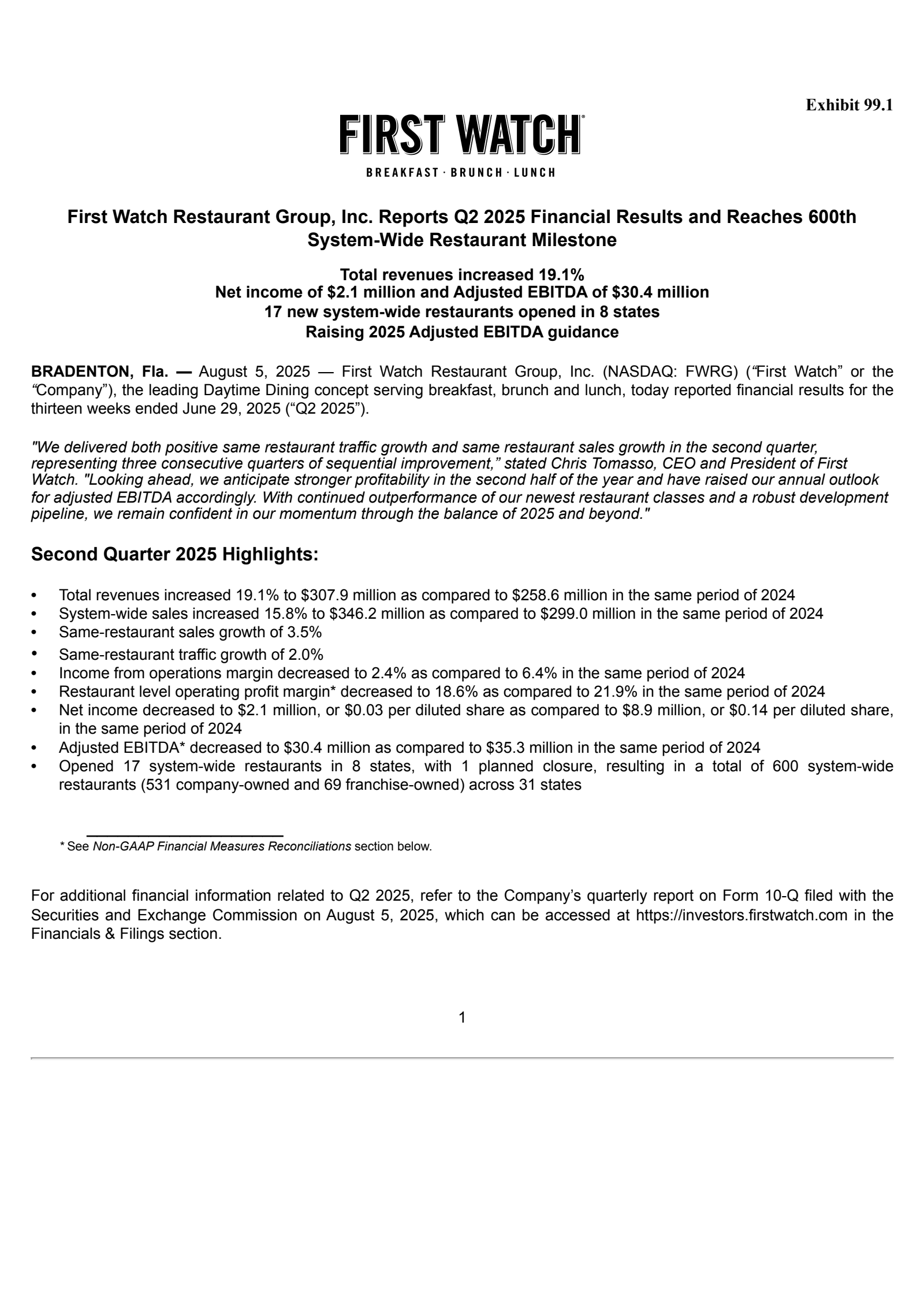 First Watch Restaurant Group's Q2 2025 Press Release