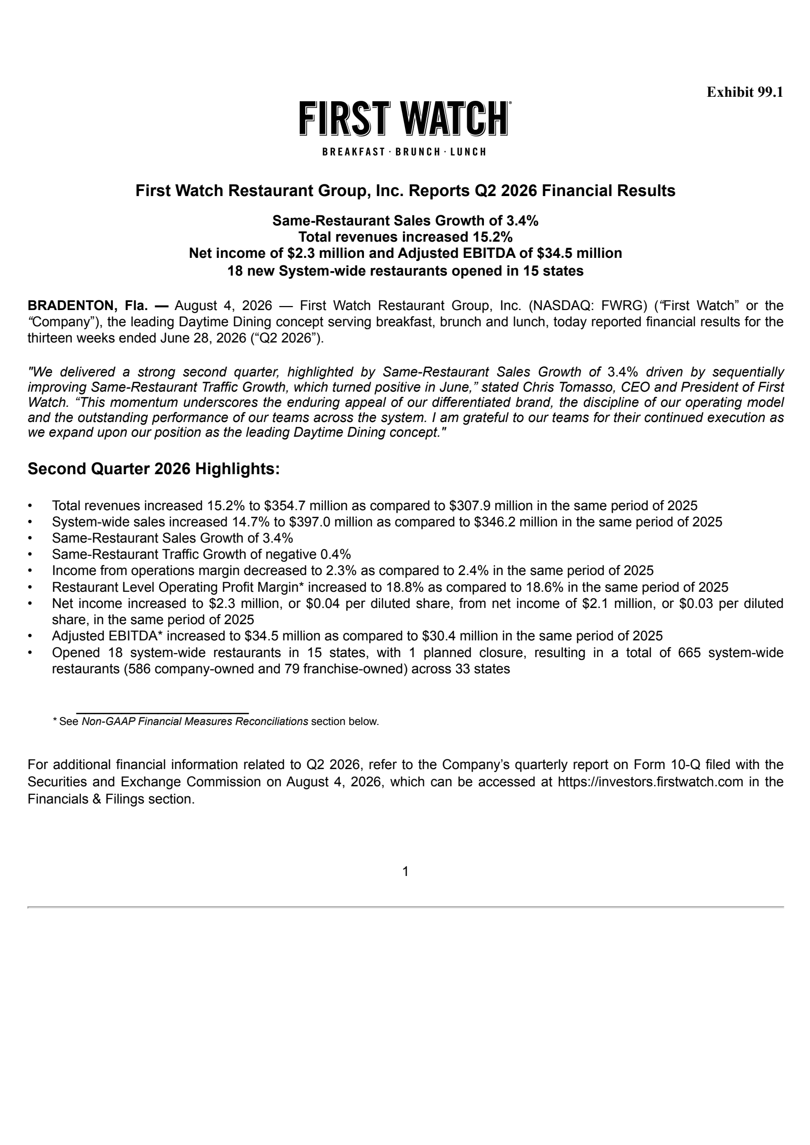 First Watch Restaurant Group's Q2 2026 Press Release