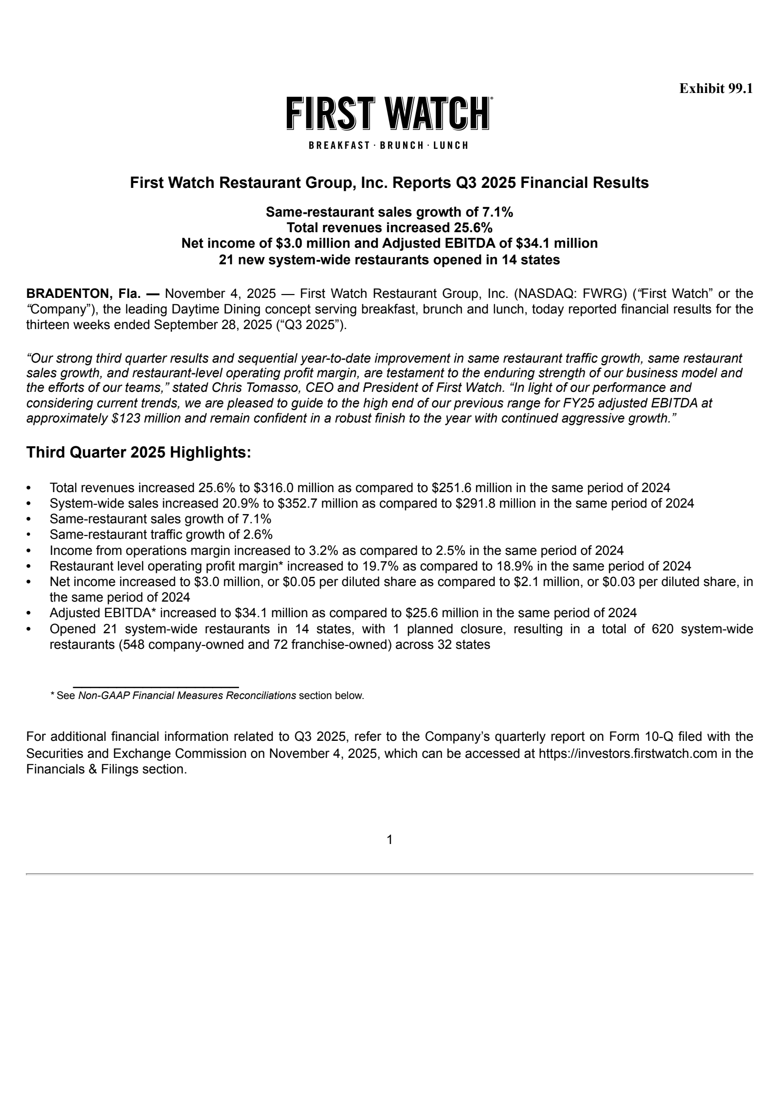 First Watch Restaurant Group's Q3 2025 Earnings Release