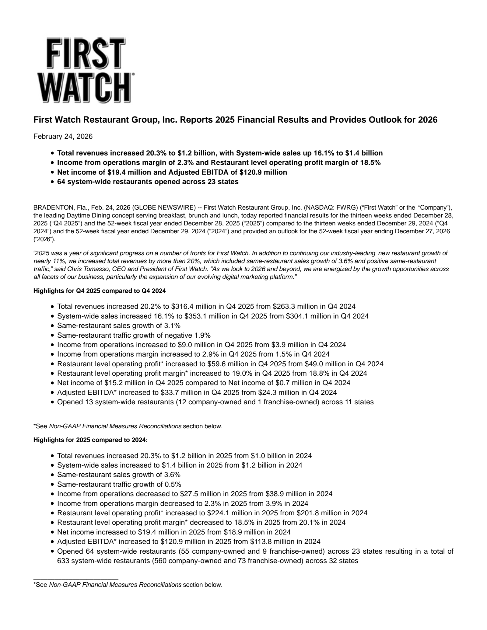 First Watch Restaurant Group's Q4 2025 Press Release