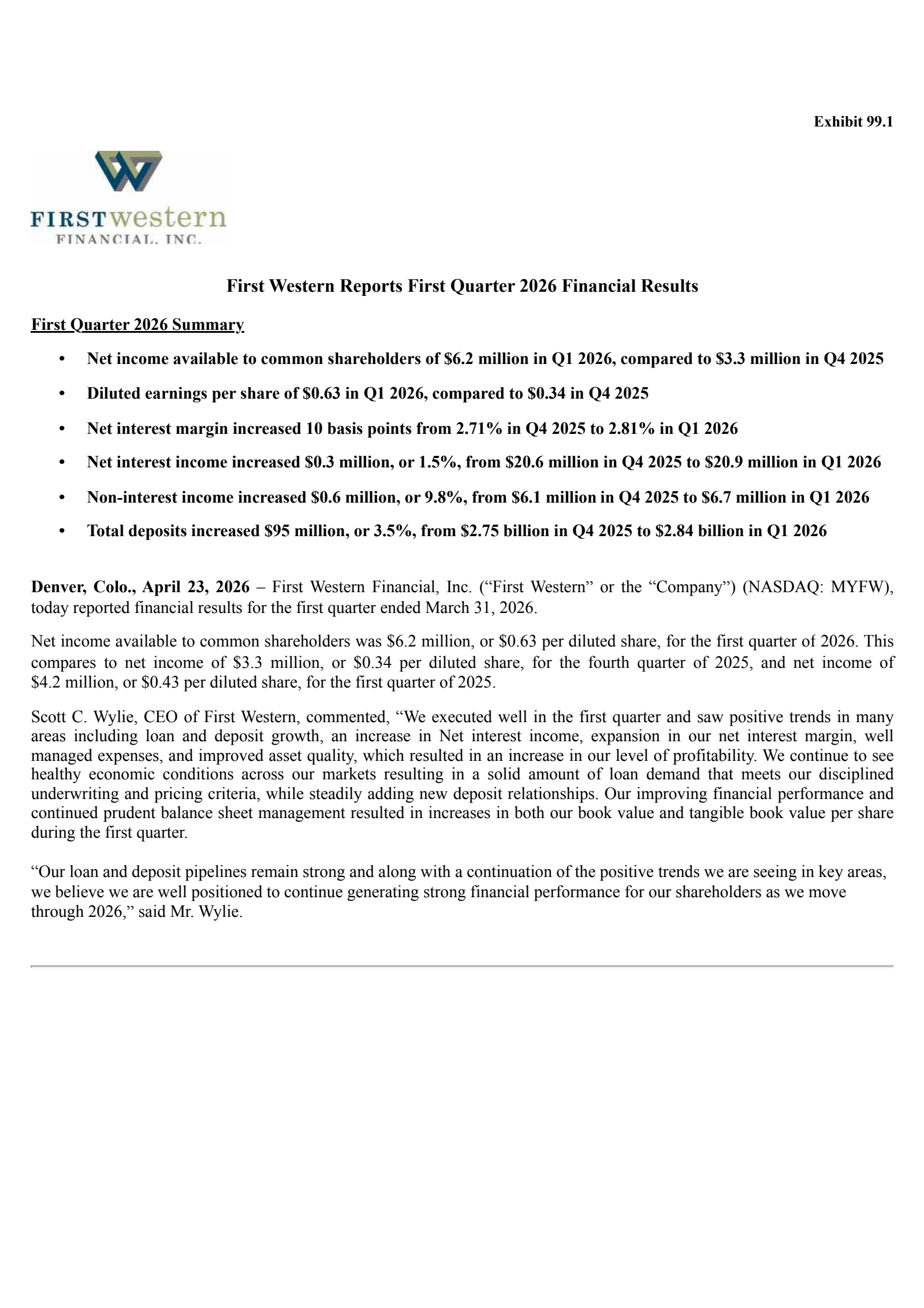 First Western Financial's Q1 2026 Press Release