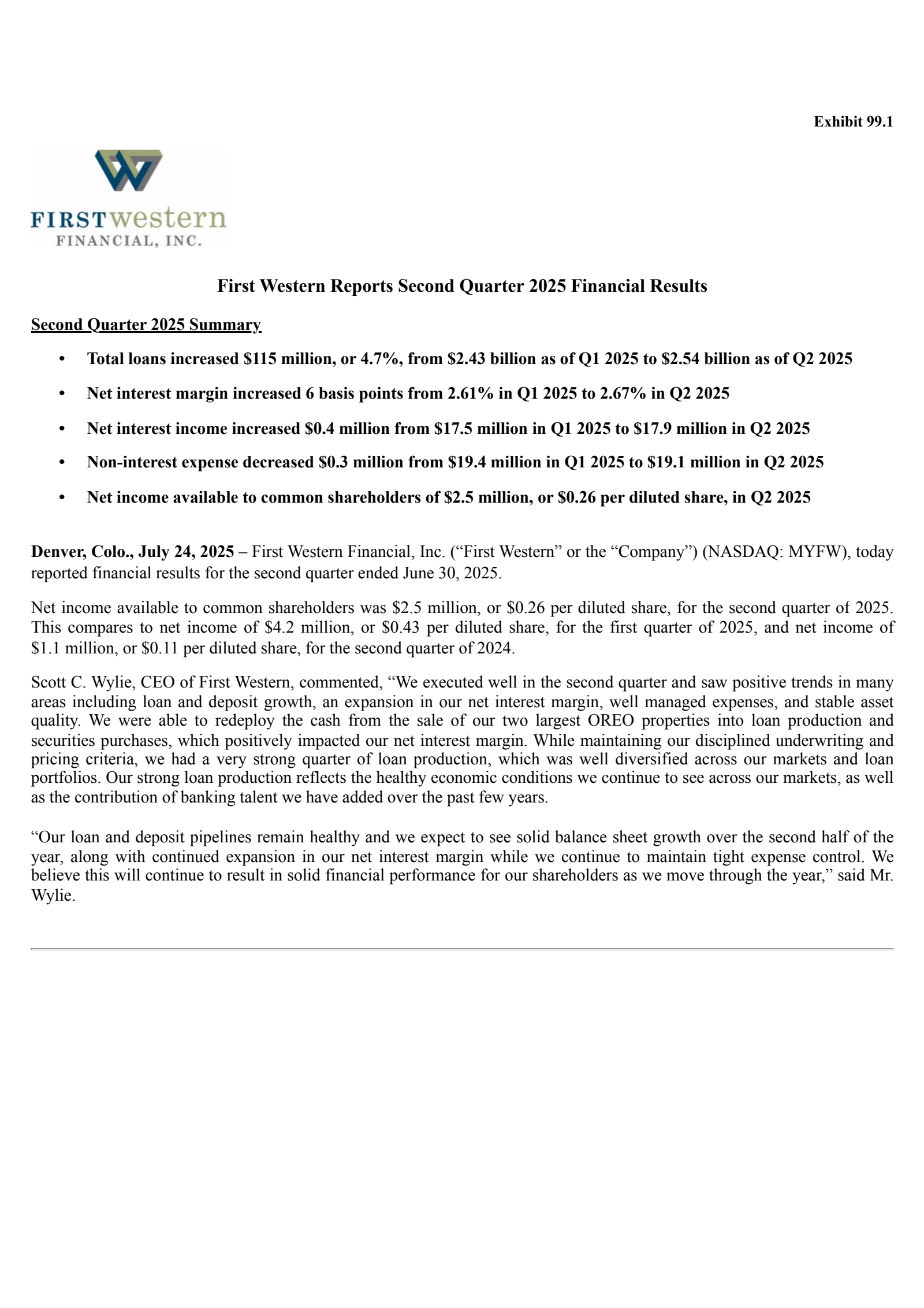 First Western Financial's Q2 2025 Press Release