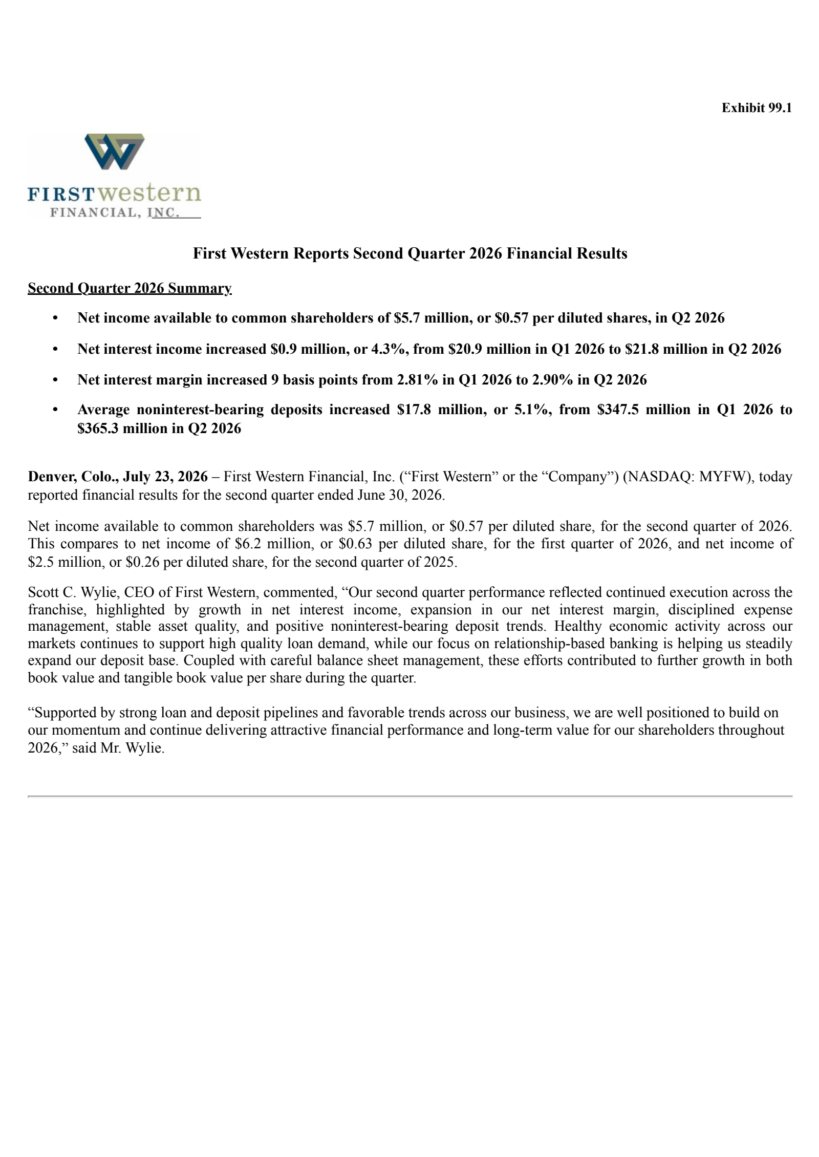 First Western Financial's Q2 2026 Press Release
