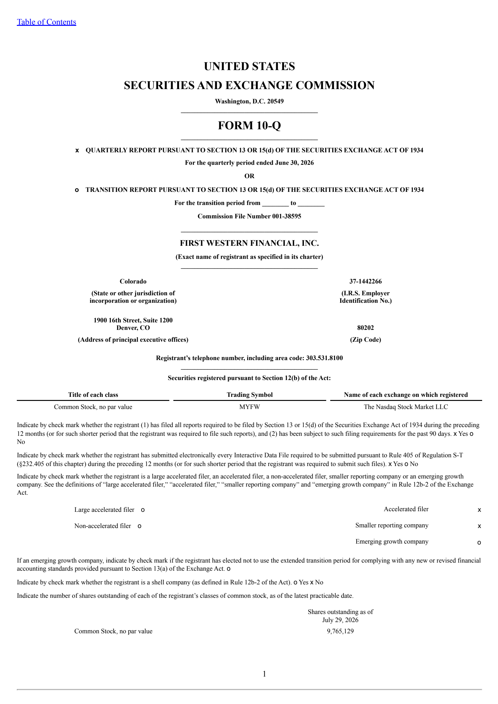 First Western Financial's Q2 2026 Quarterly report