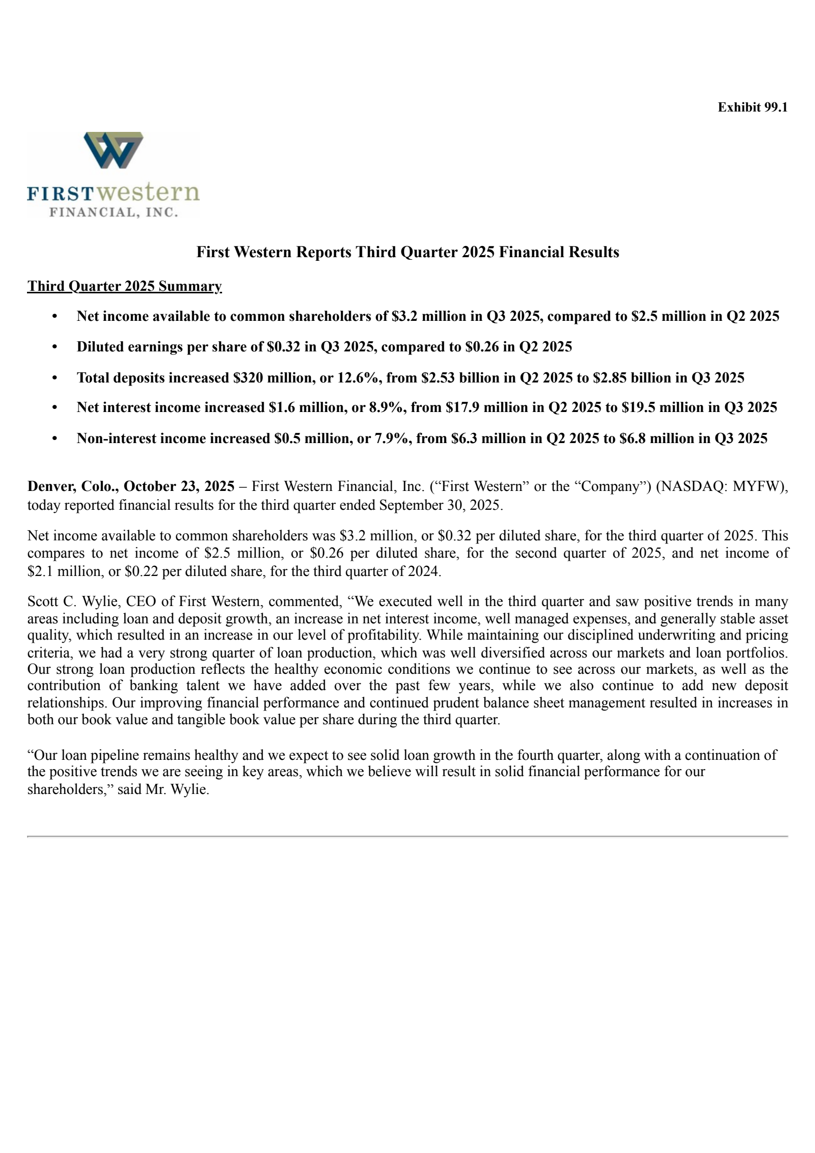 First Western Financial's Q3 2025 Earnings Release