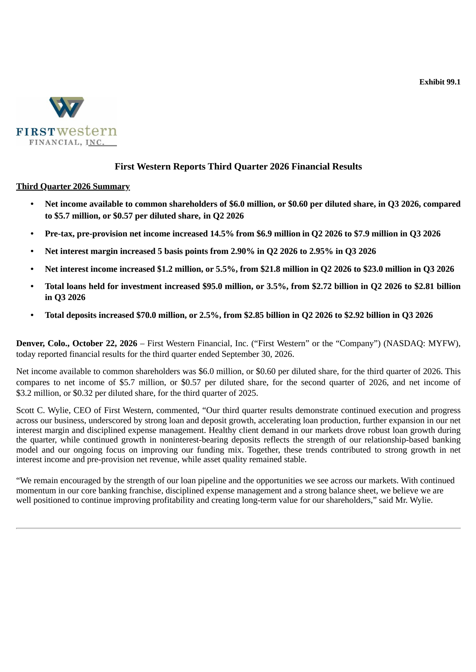 First Western Financial's Q3 2026 Press Release