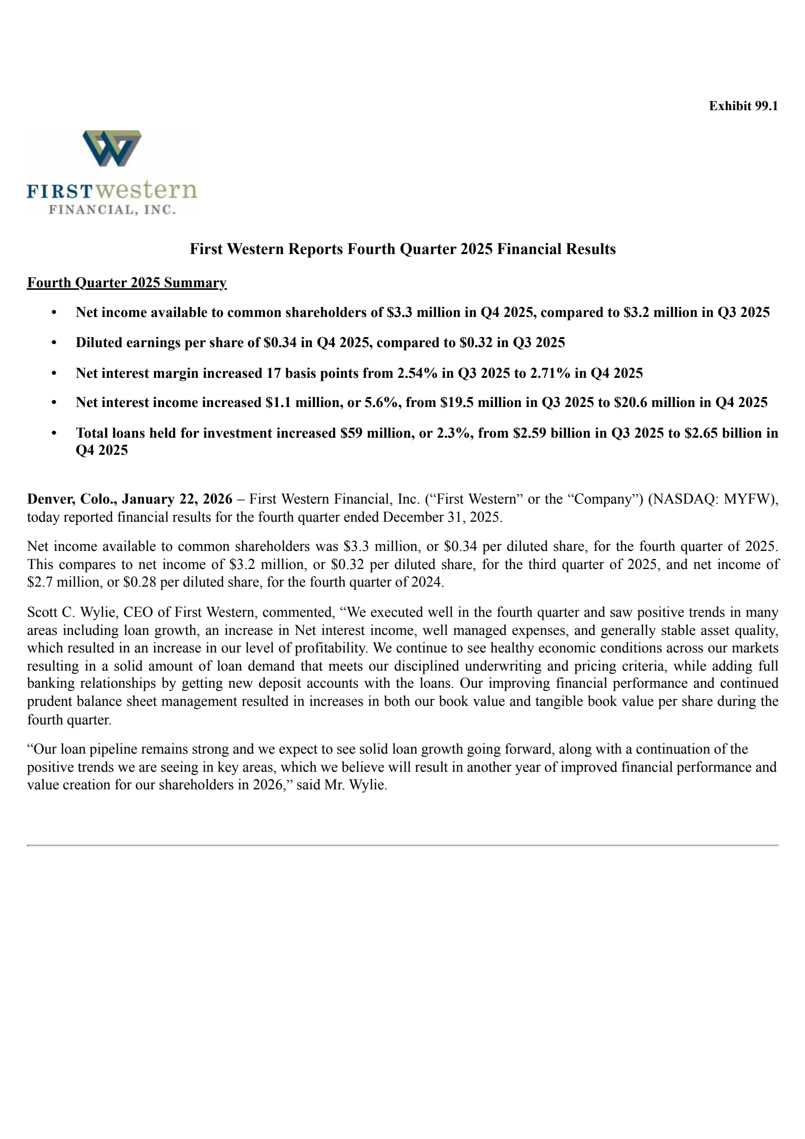First Western Financial's Q4 2025 Press Release