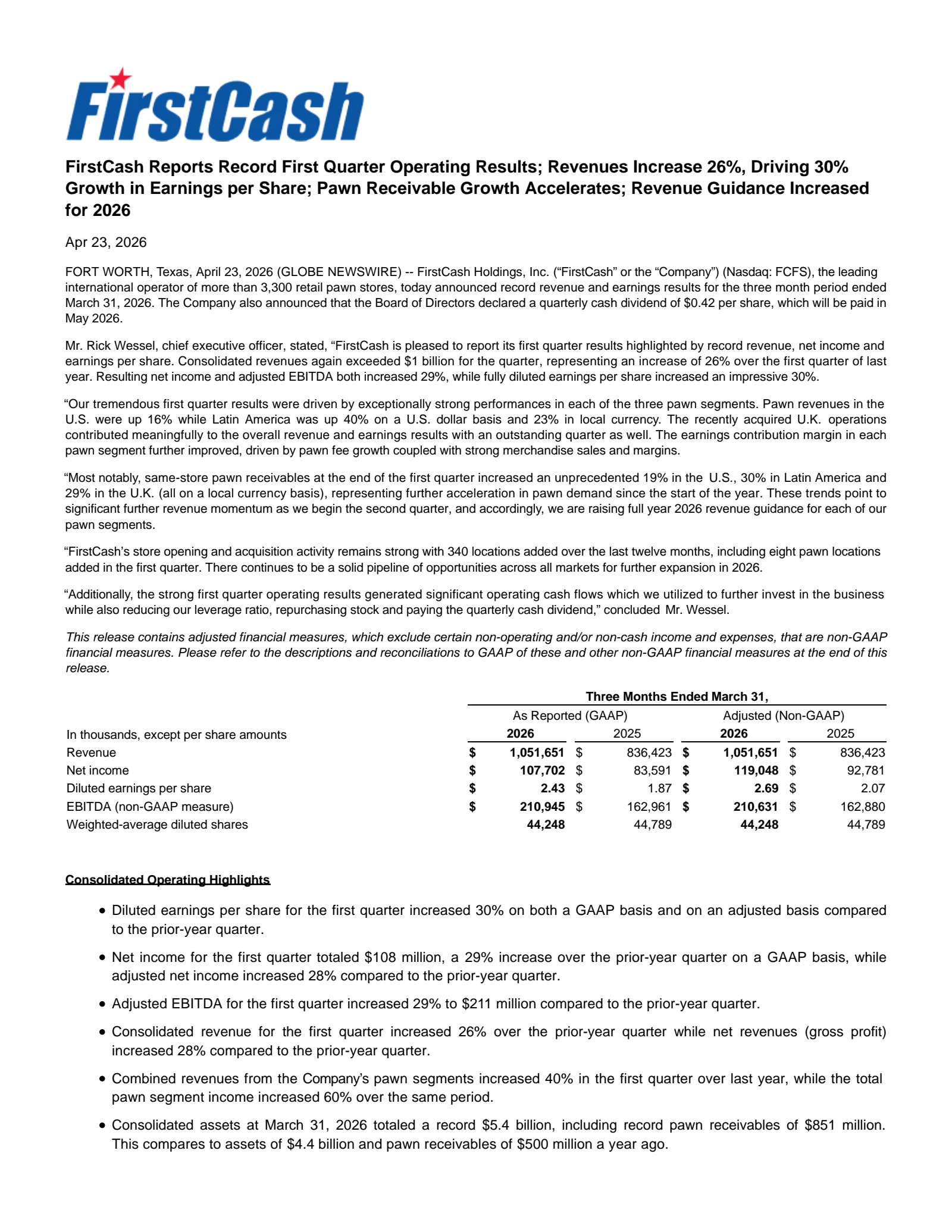 FirstCash's Q1 2026 Press Release
