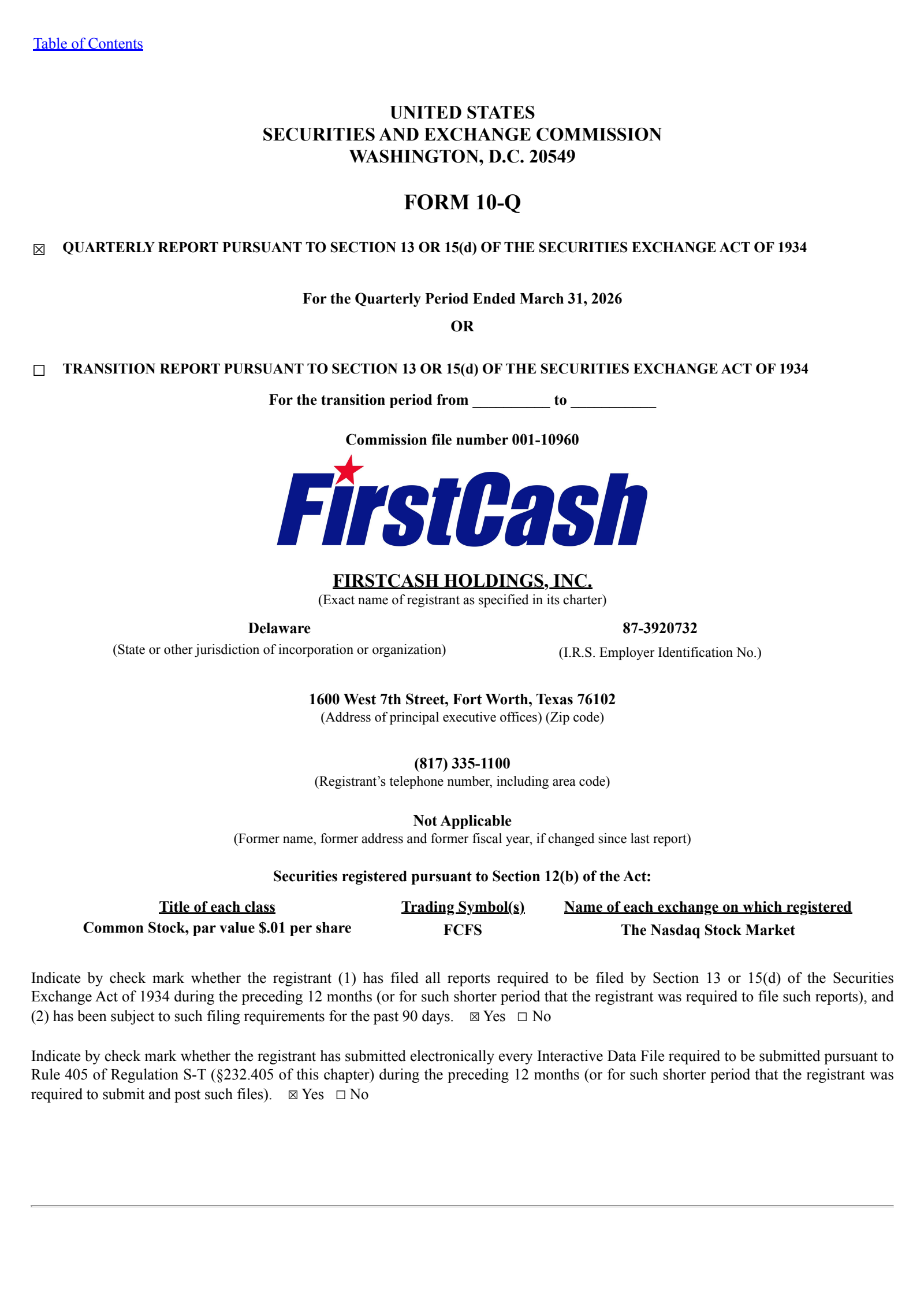 FirstCash's Q1 2026 Quarterly report