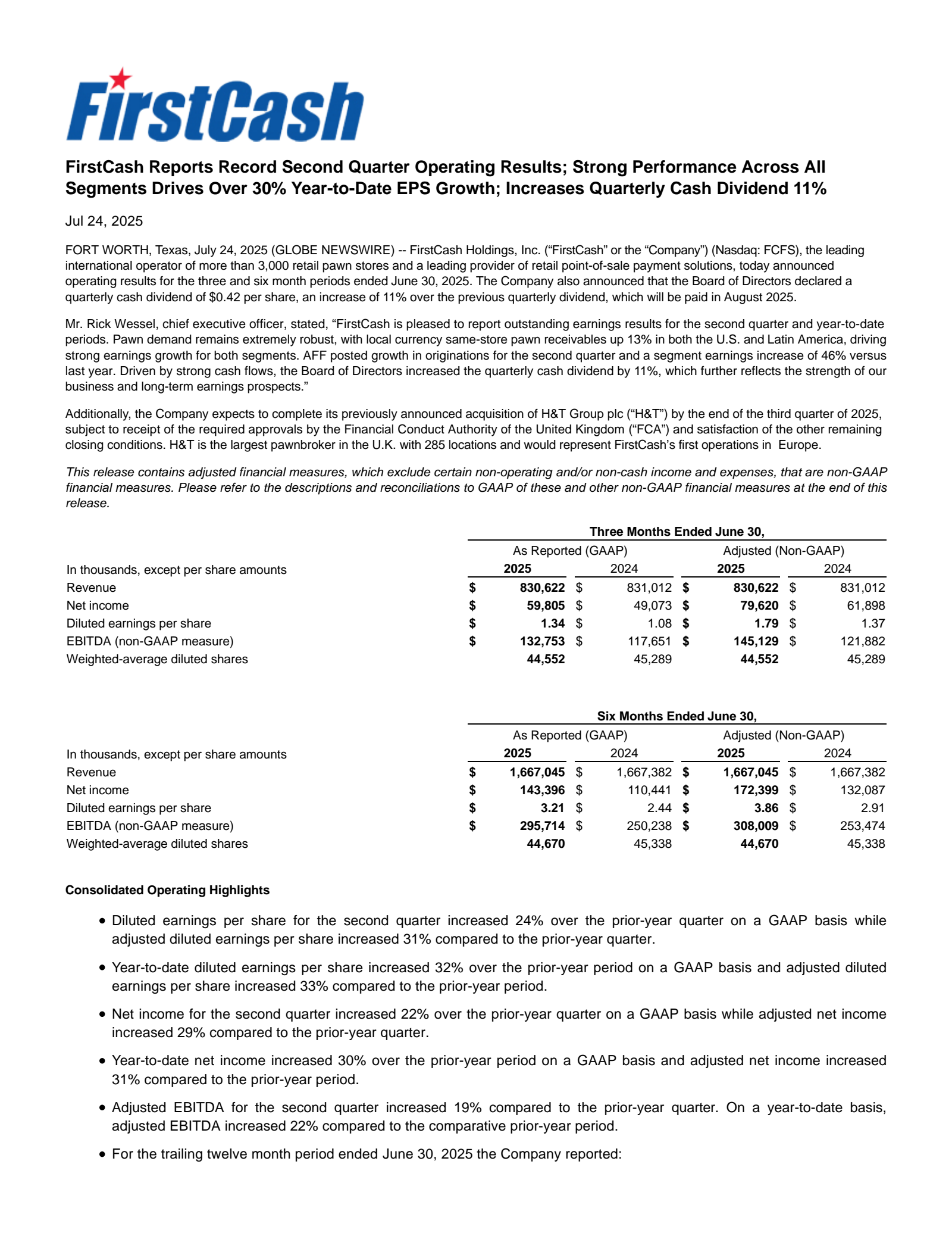 FirstCash's Q2 2025 Press Release