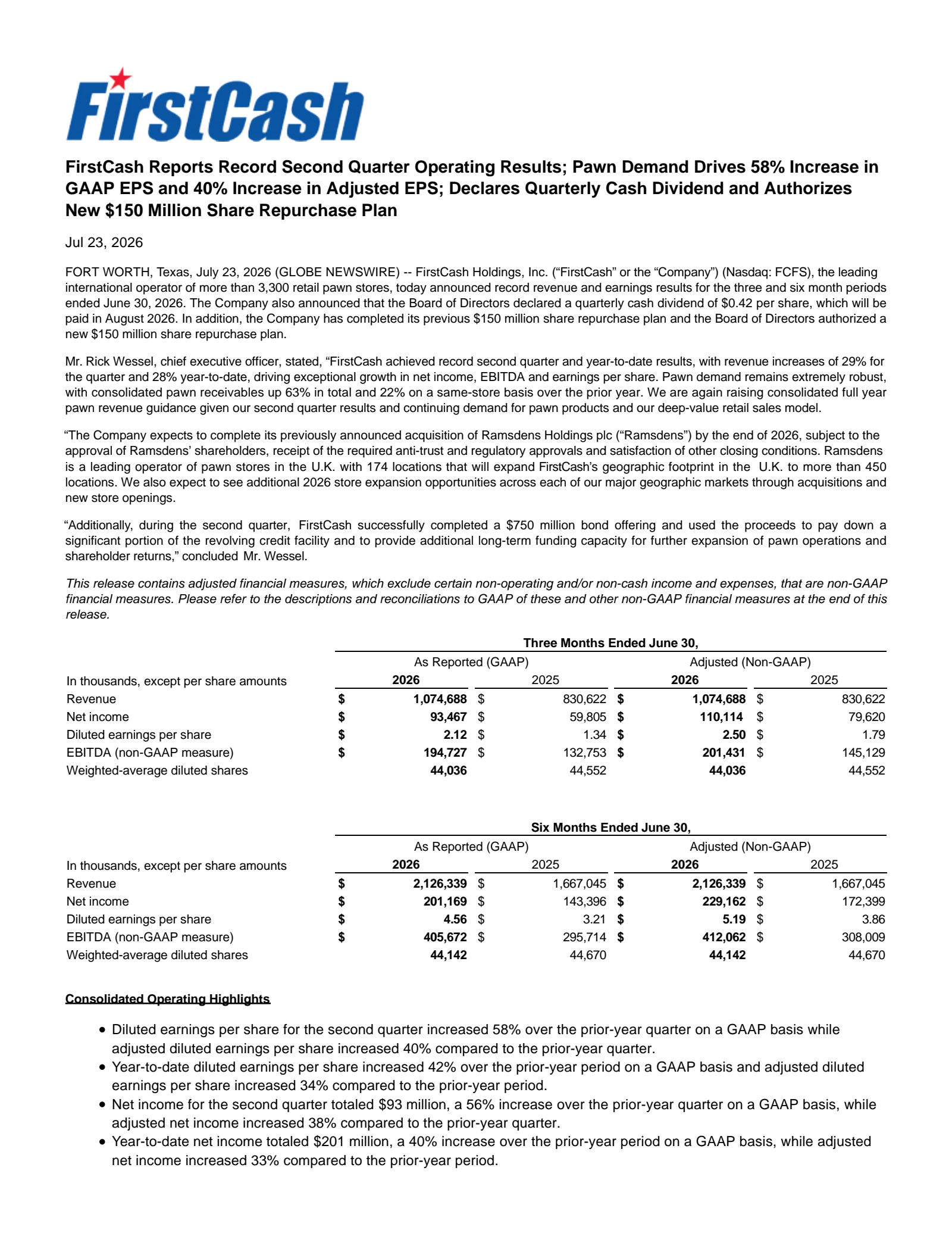 FirstCash's Q2 2026 Press Release