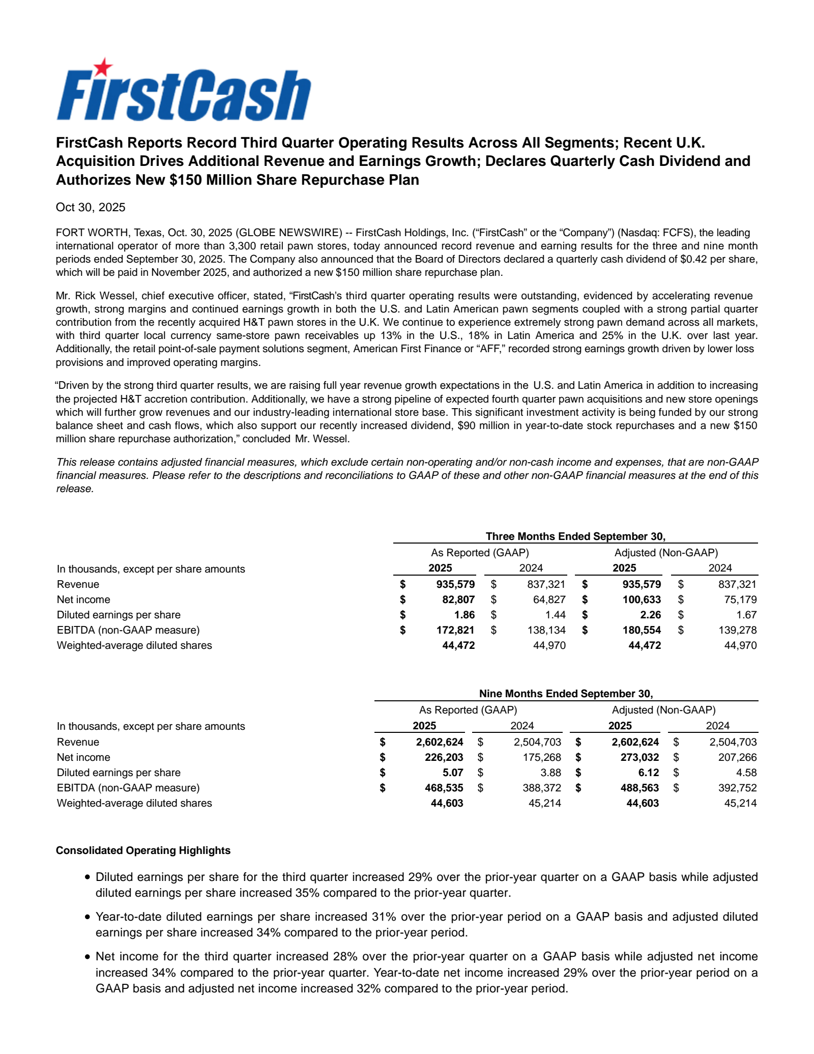 FirstCash's Q3 2025 Earnings Release