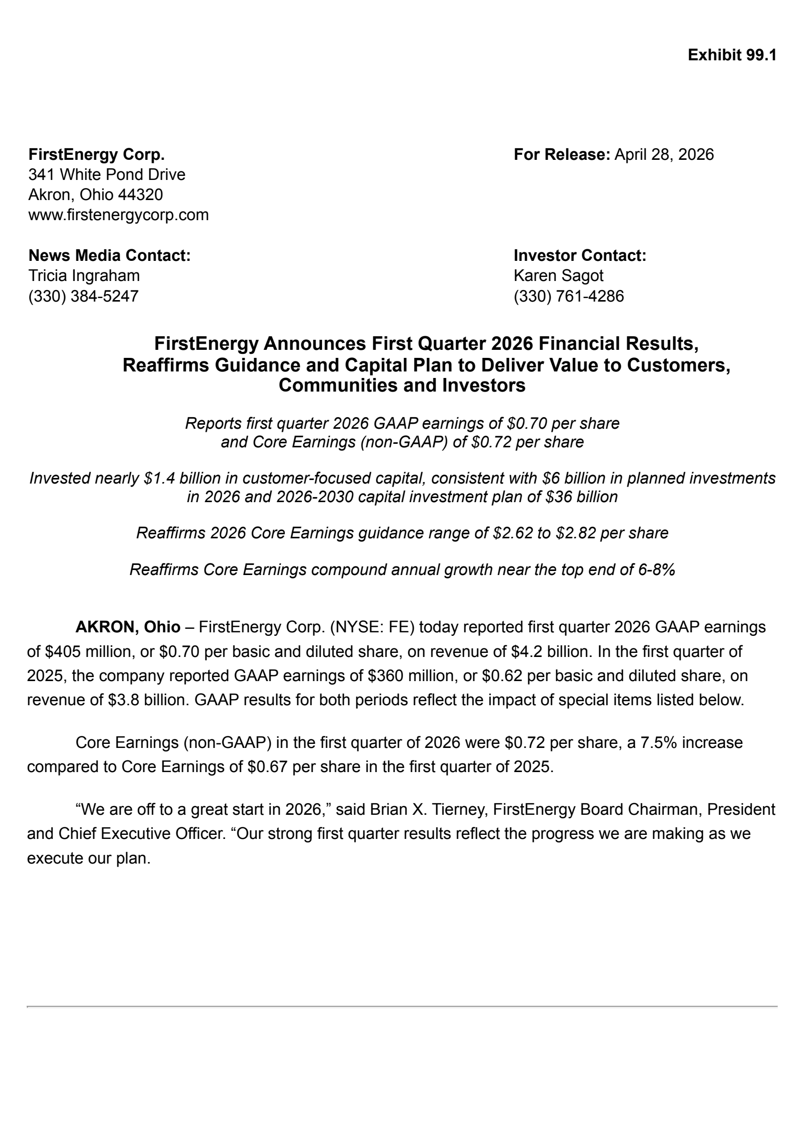 FirstEnergy's Q1 2026 Press Release