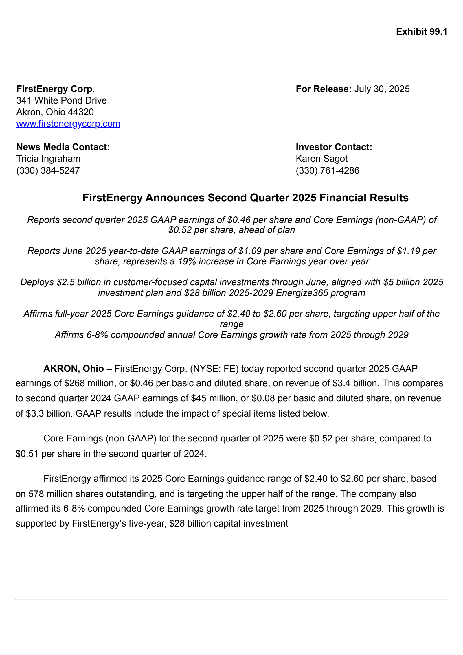 FirstEnergy's Q2 2025 Press Release