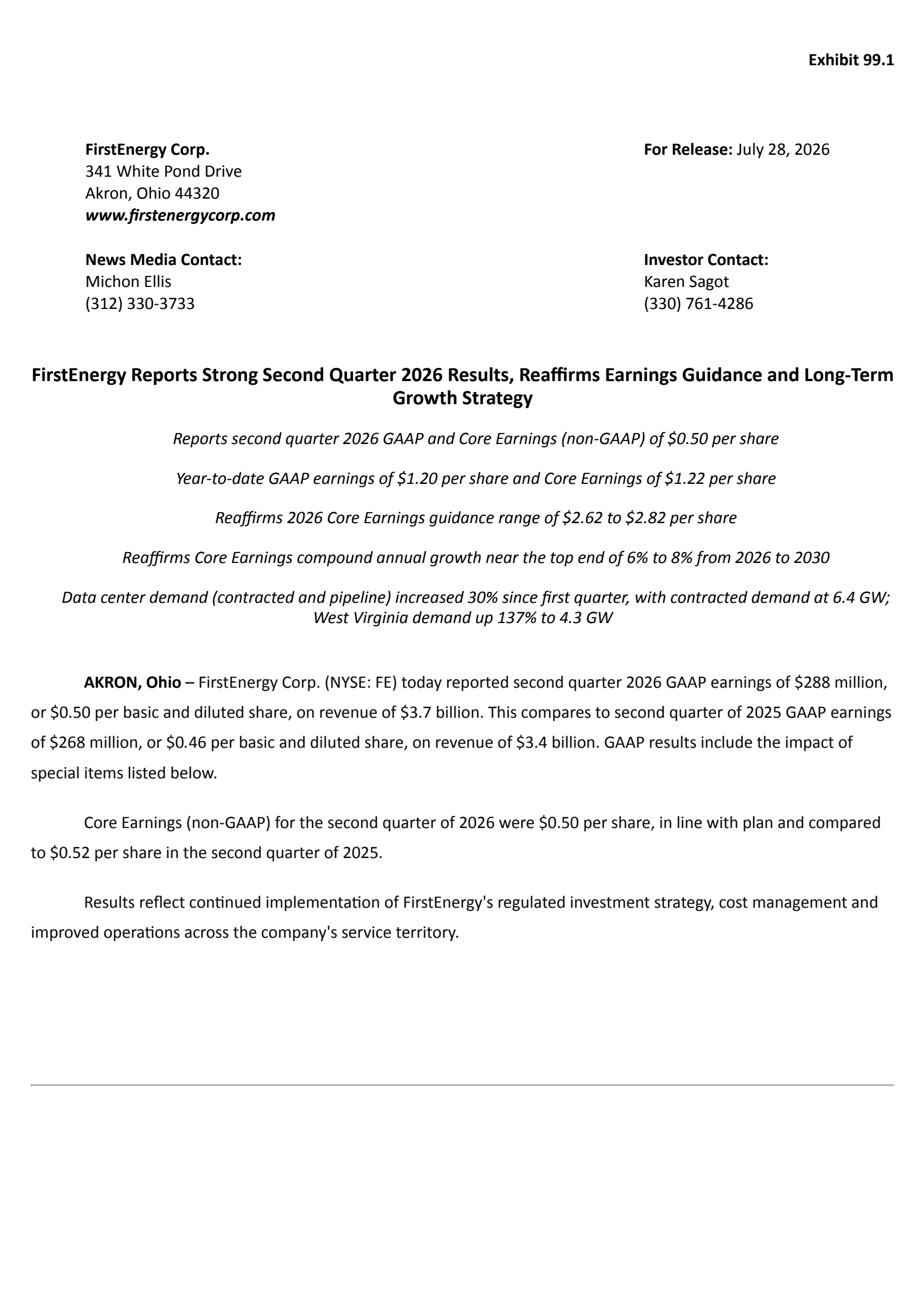 FirstEnergy's Q2 2026 Press Release
