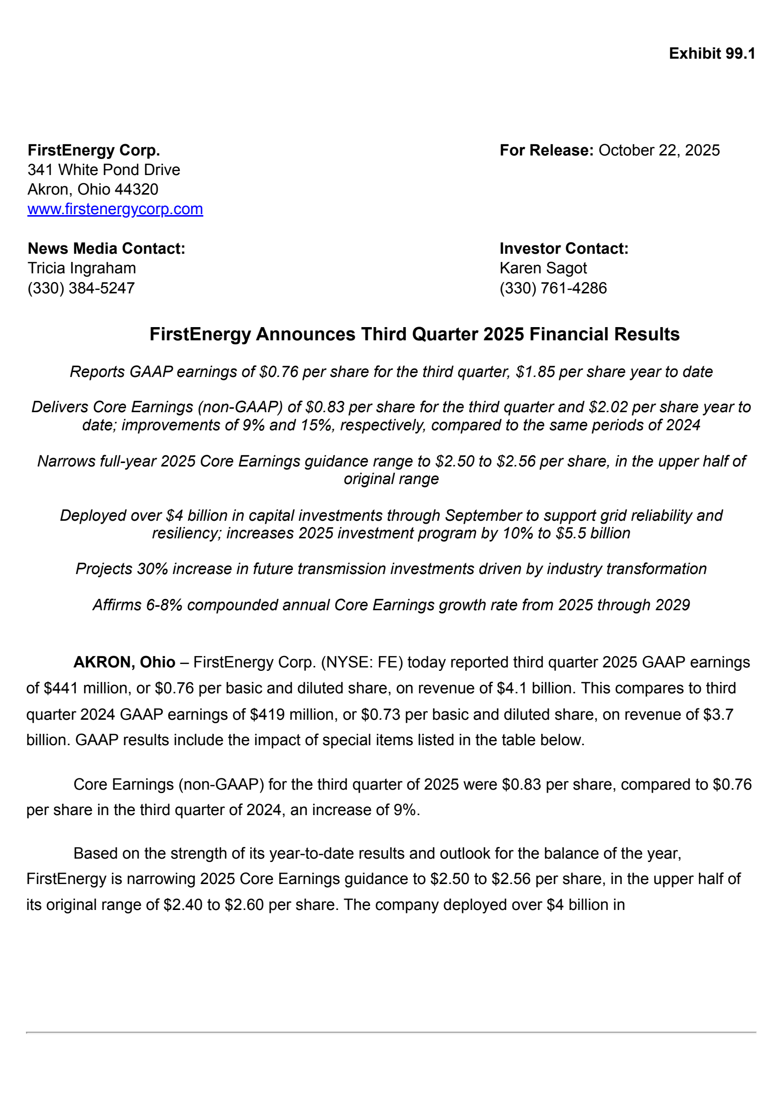 FirstEnergy's Q3 2025 Earnings Release