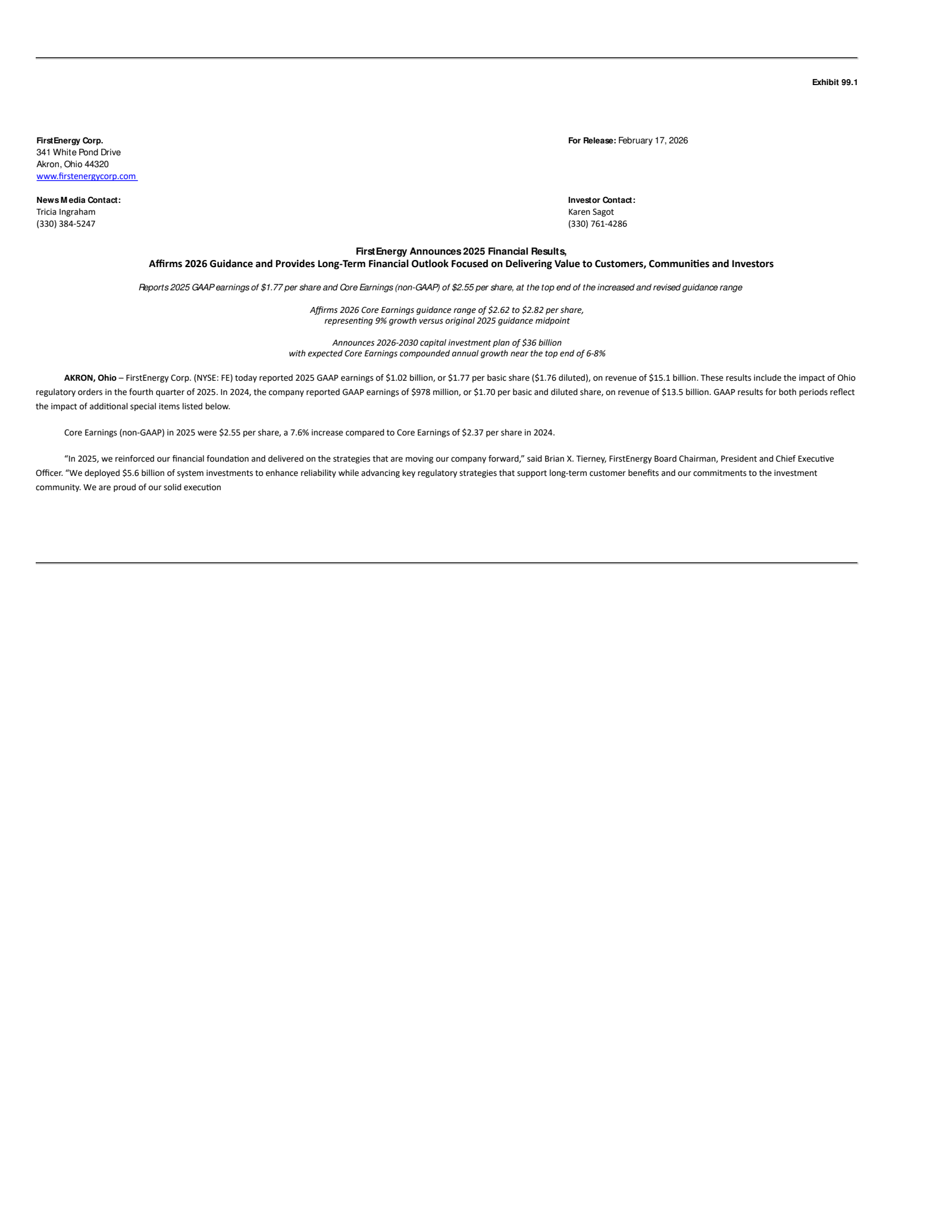 FirstEnergy's Q4 2025 Press Release
