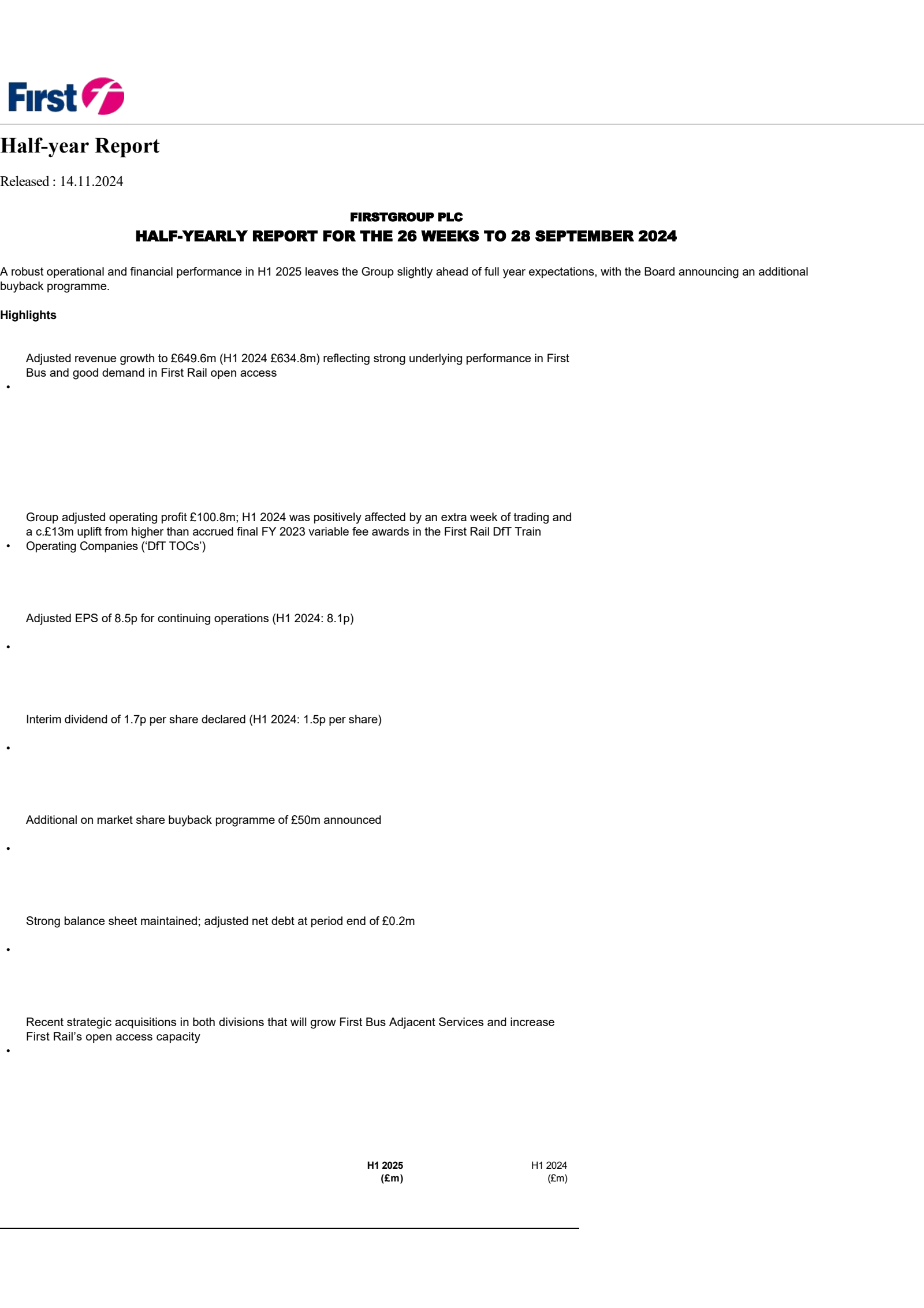FirstGroup's H1 2024 Interim report