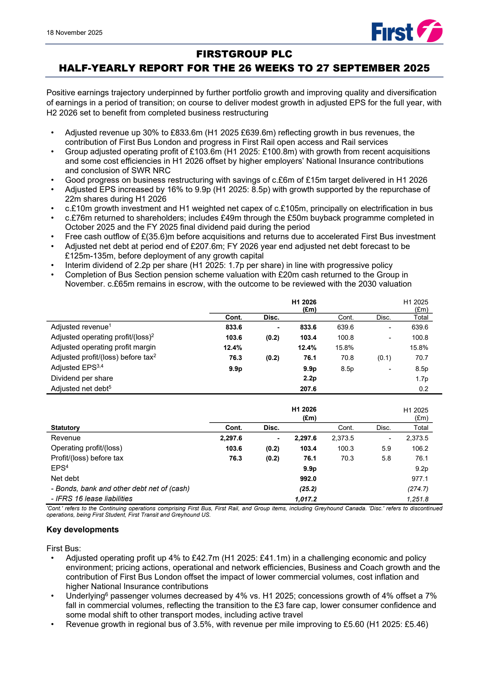 FirstGroup's H1 2026 Earnings Release