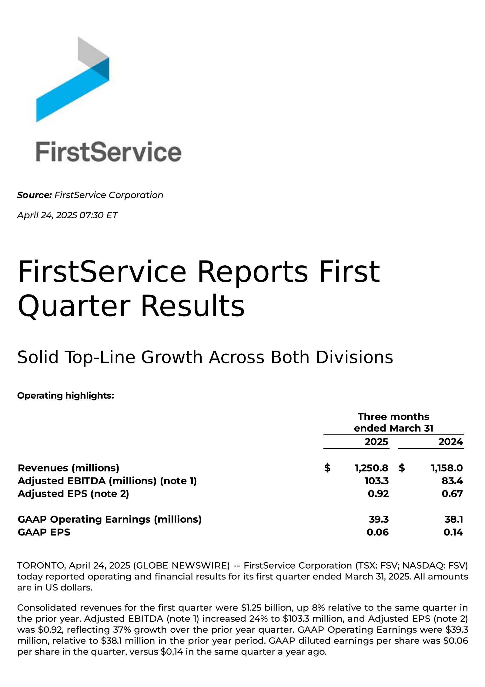 FirstService's Q1 2025 Press Release