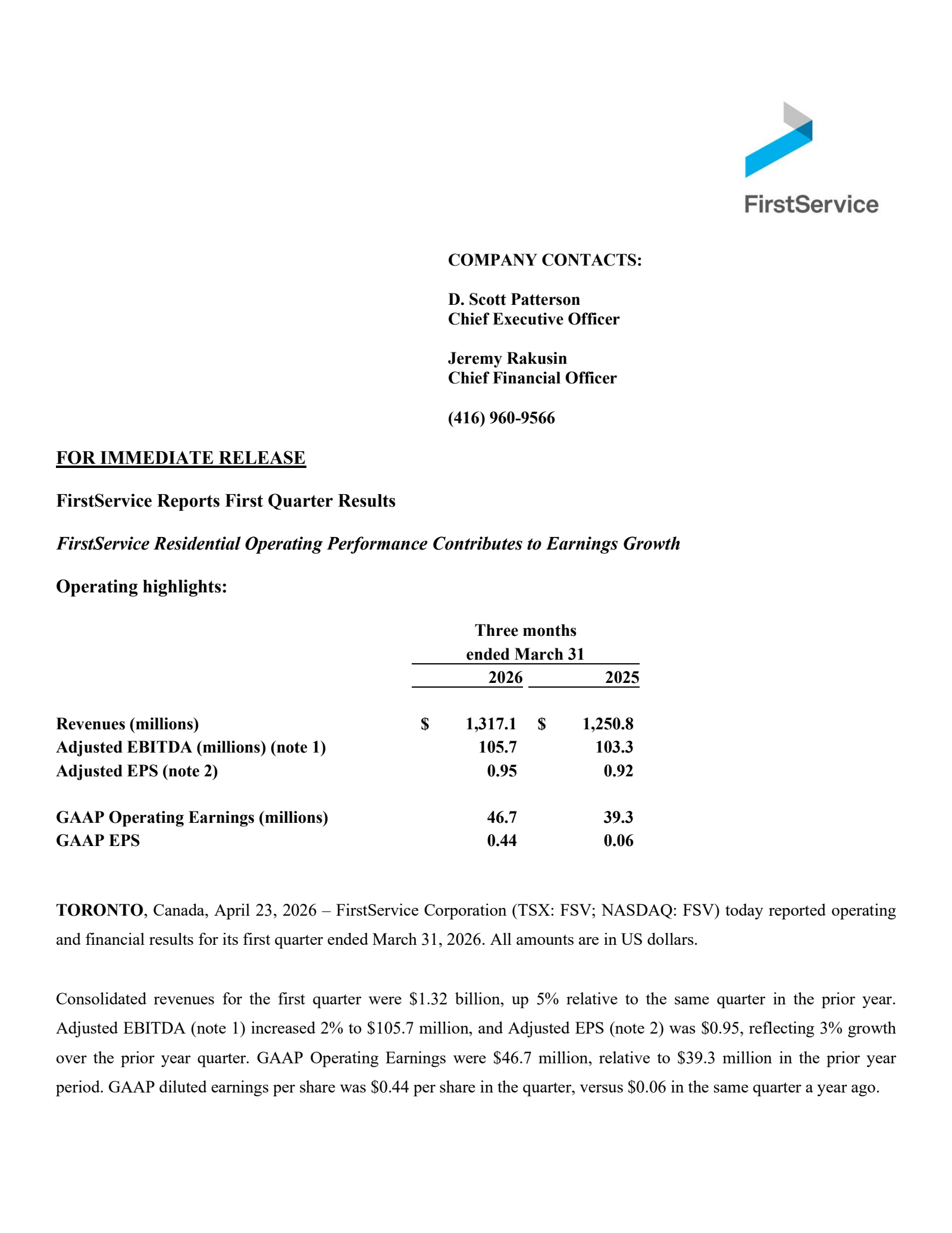 FirstService's Q1 2026 Press Release