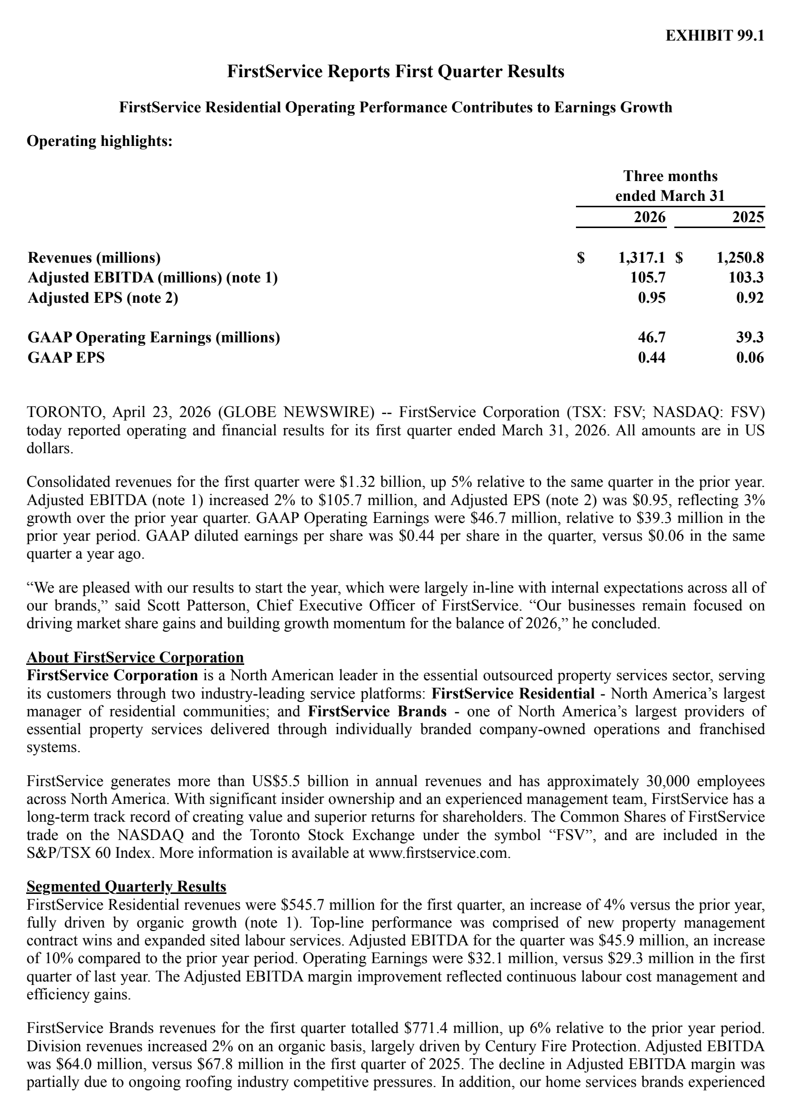 FirstService's Q1 2026 Press Release