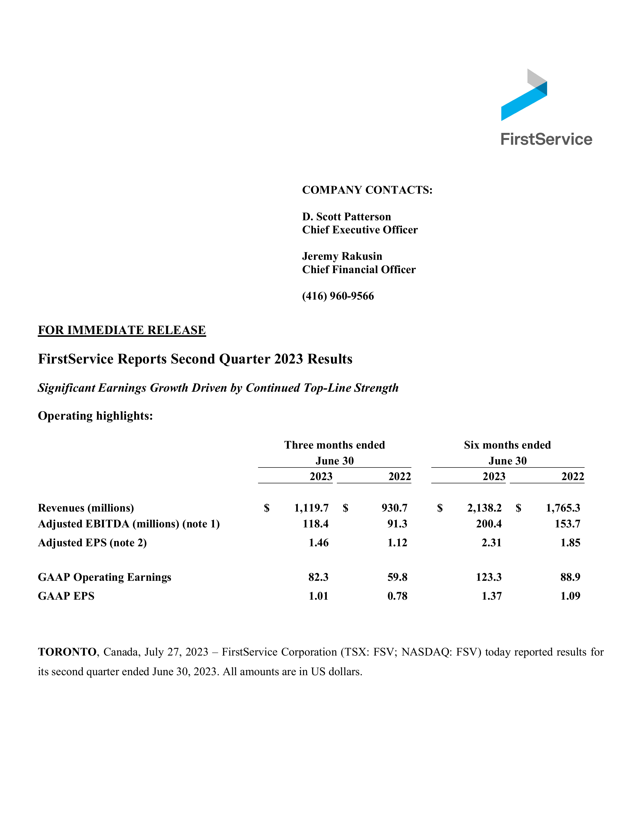 FirstService's Q2 2023 Interim report