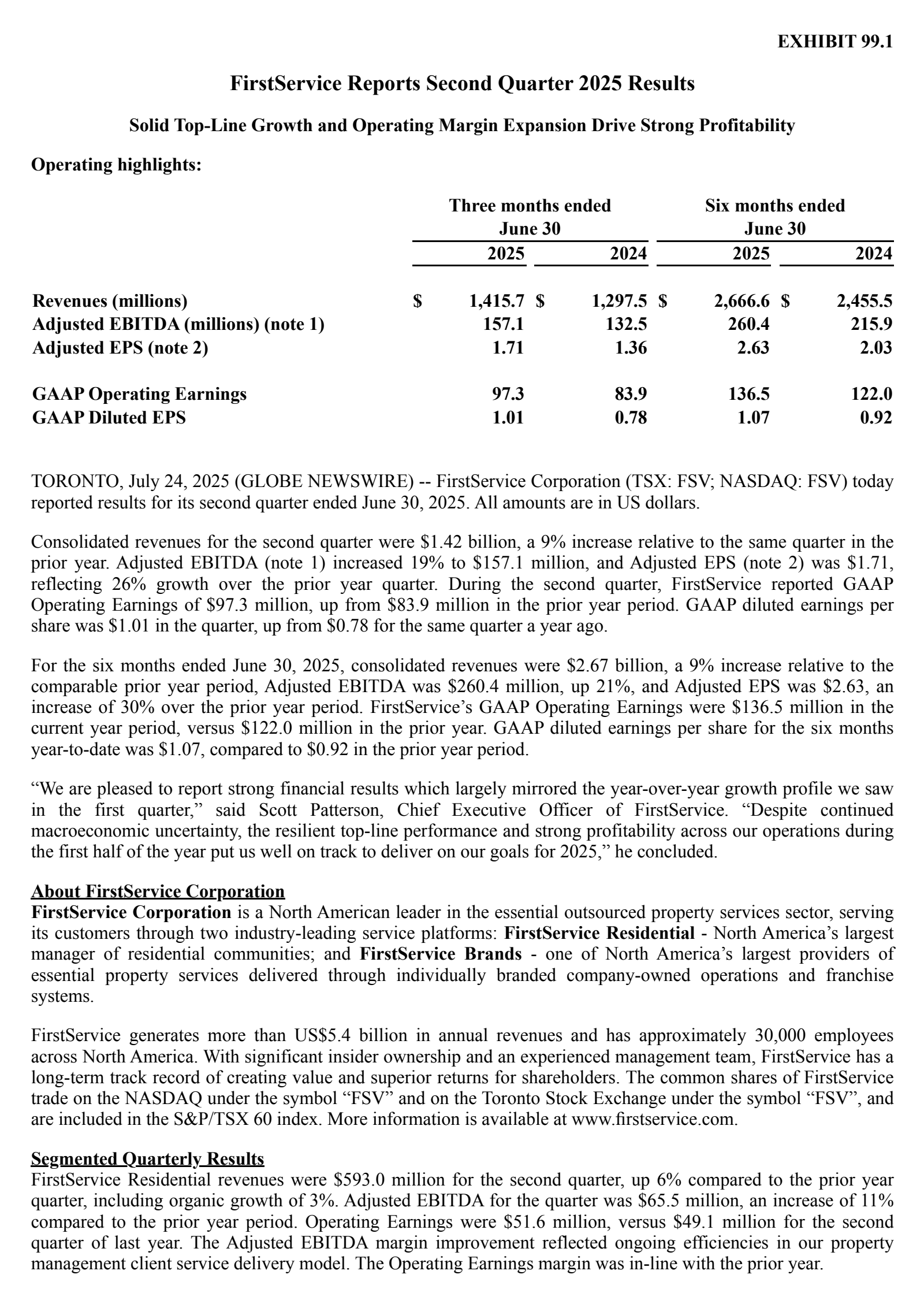 FirstService's Q2 2025 Press Release