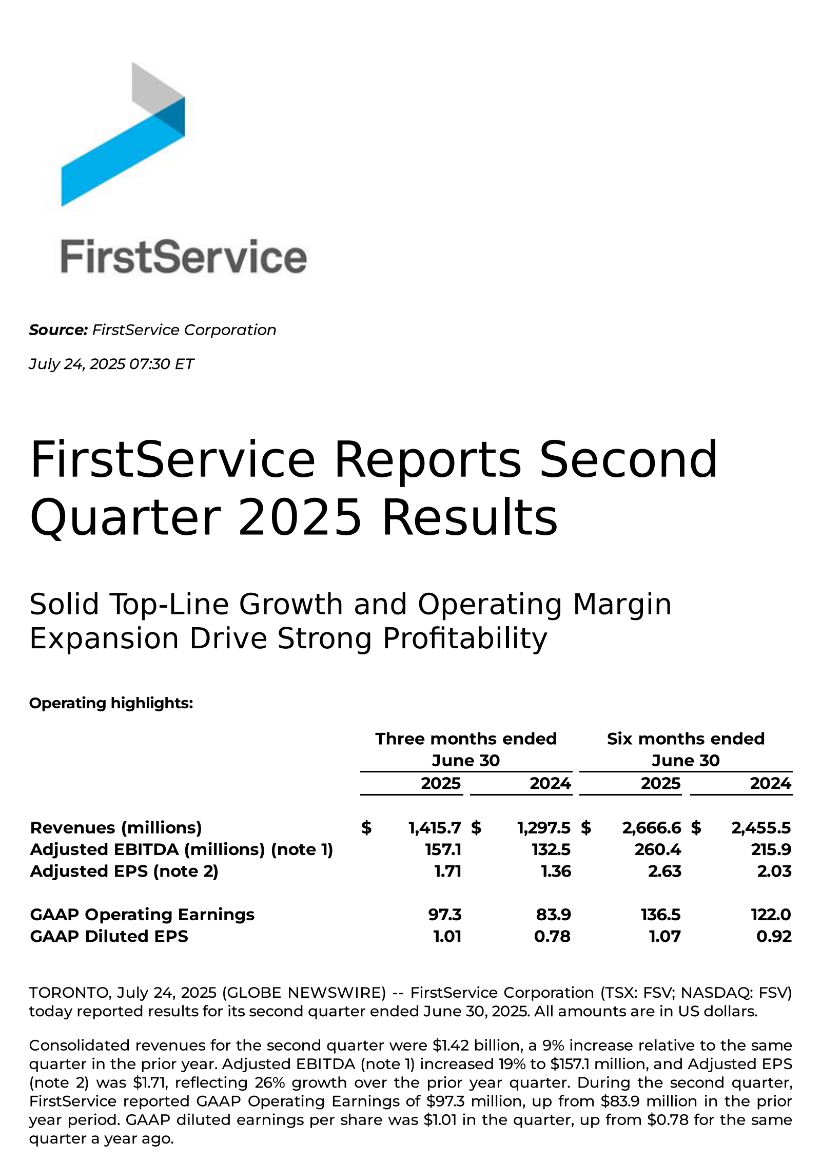 FirstService's Q2 2025 Press Release