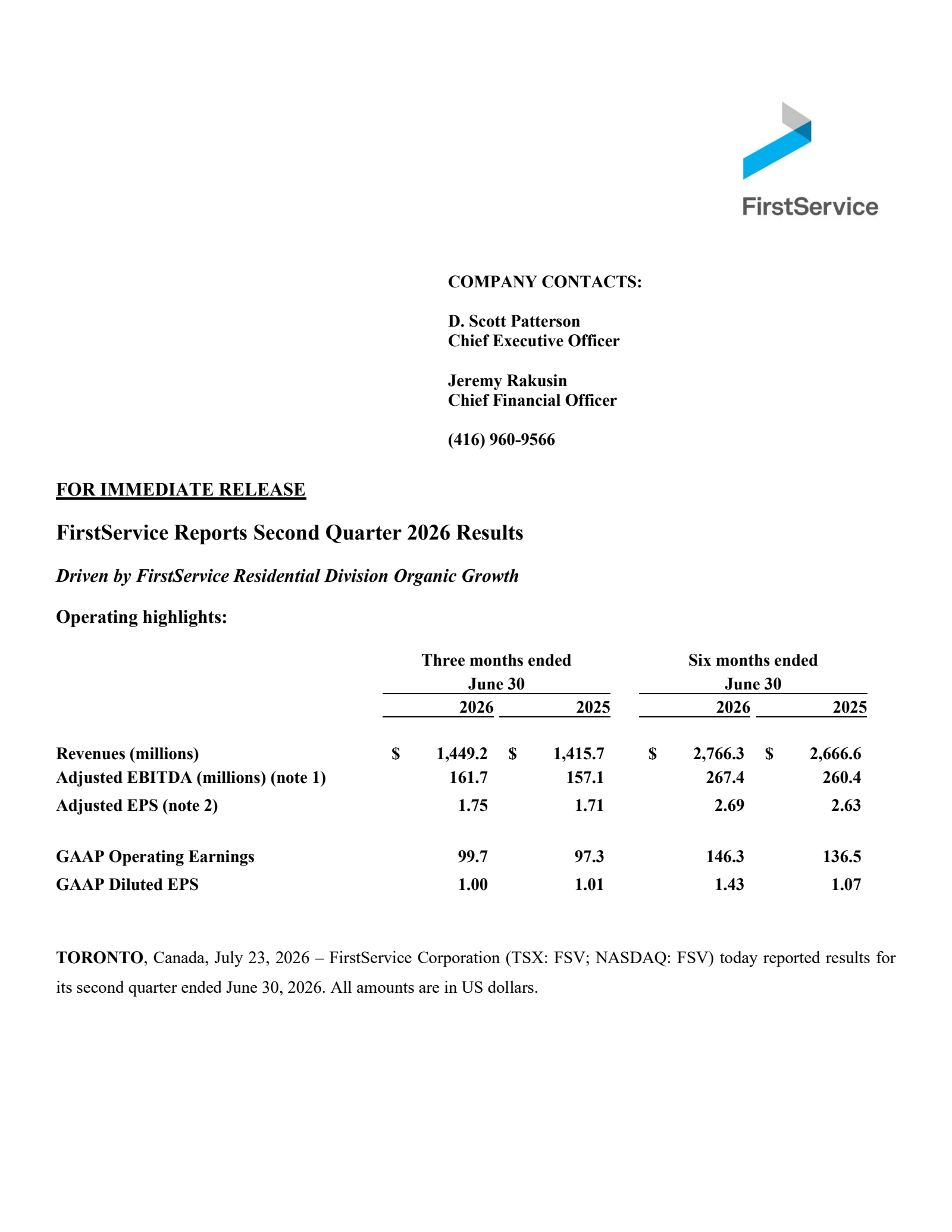 FirstService's Q2 2026 Press Release