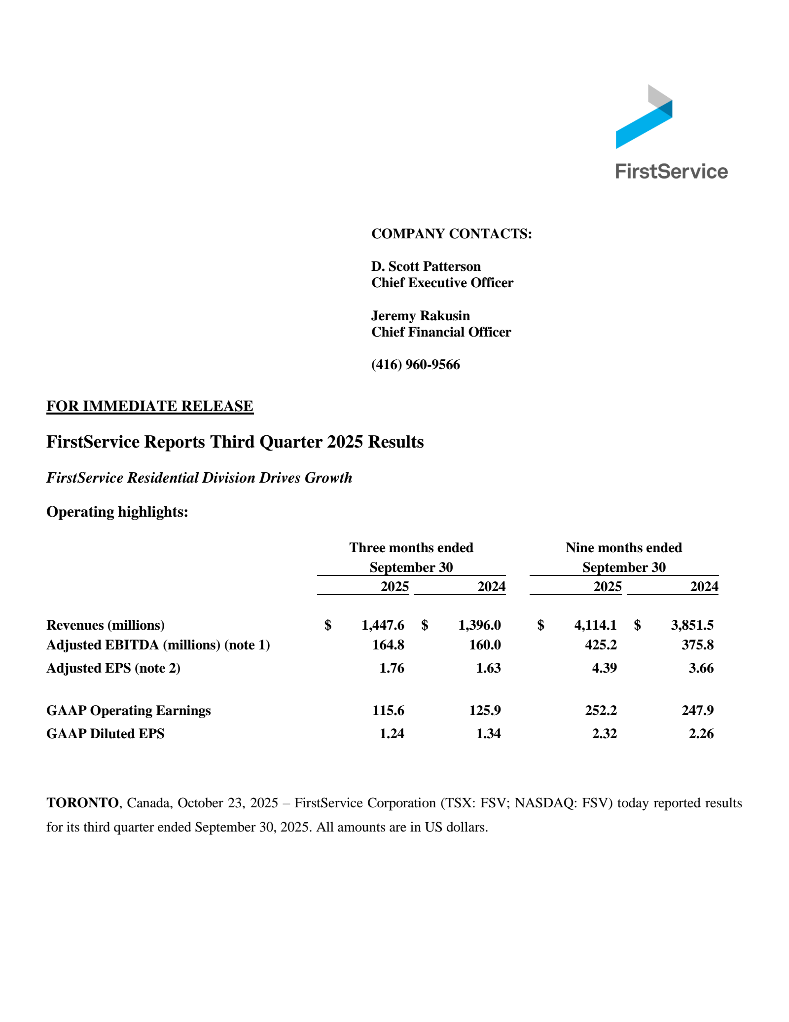 FirstService's Q3 2025 Earnings Release