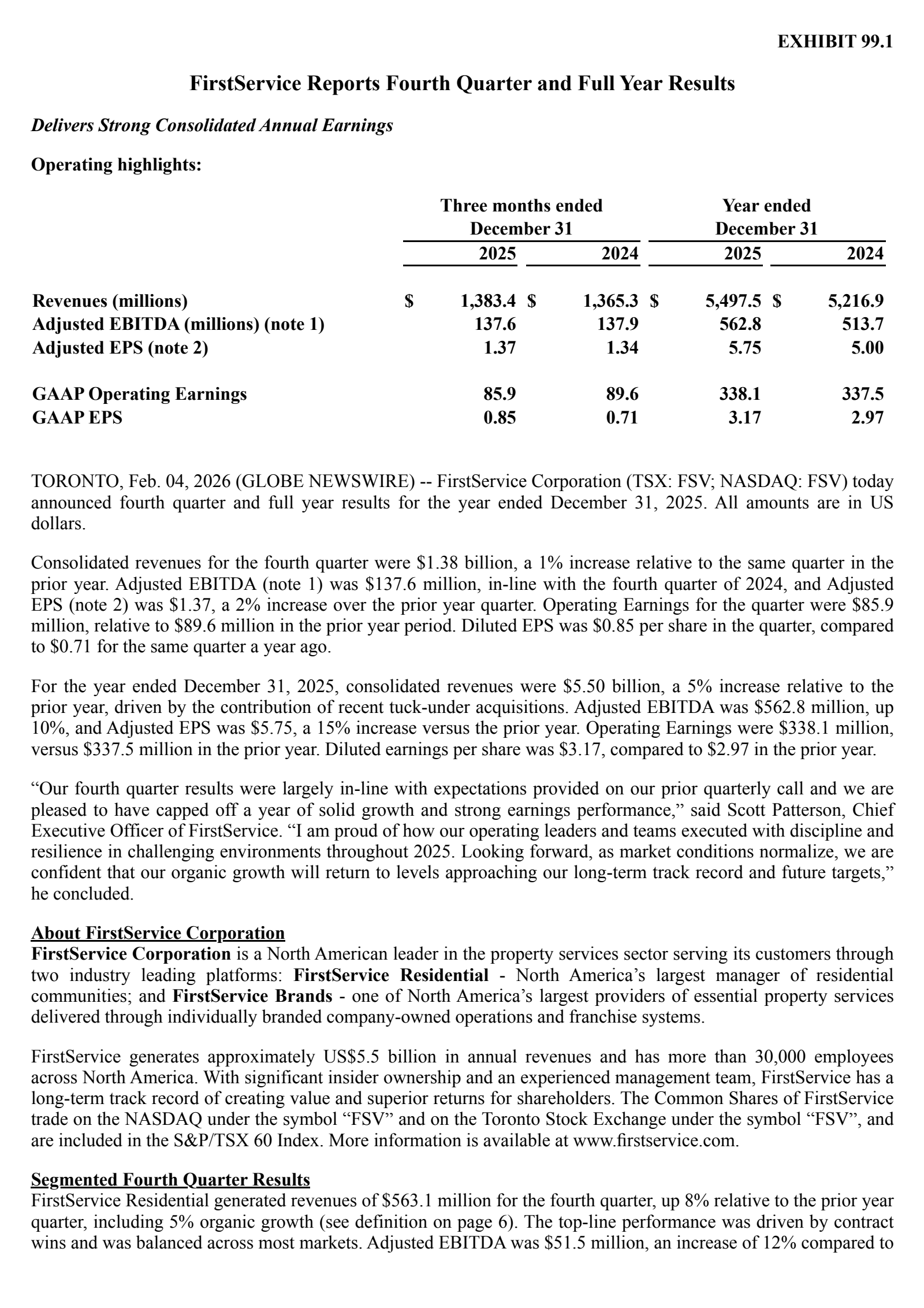 FirstService's Q4 2025 Press Release