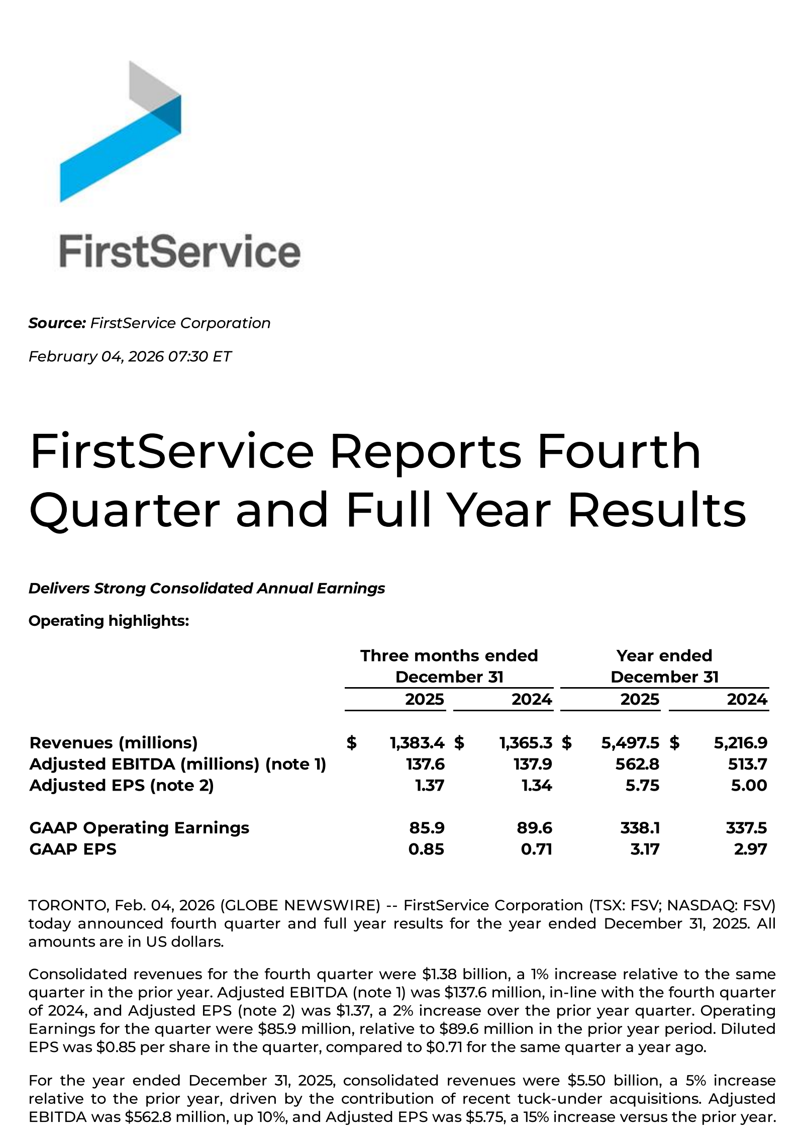FirstService's Q4 2025 Press Release