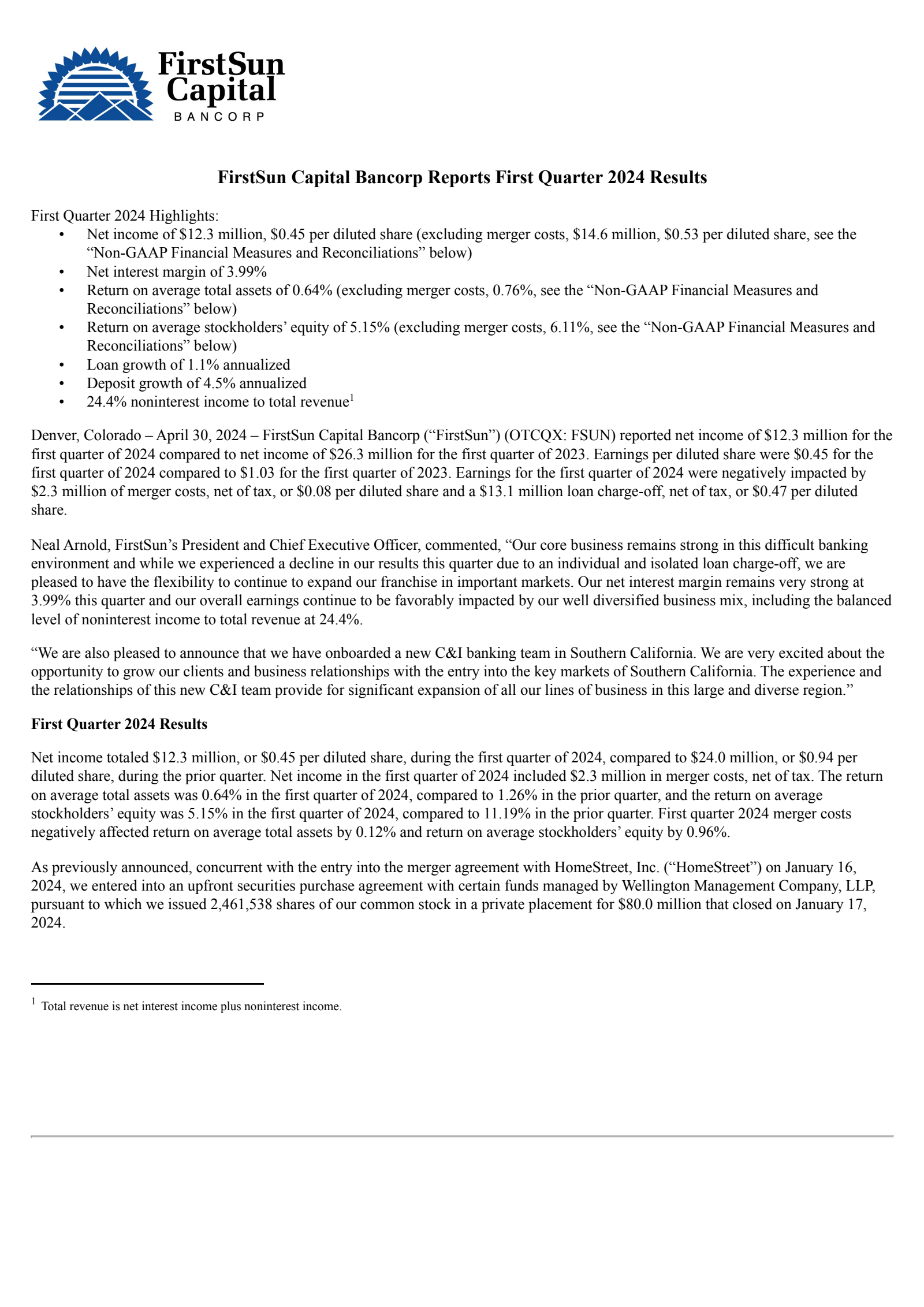 FirstSun Capital Bancorp's Q1 2024 Press Release