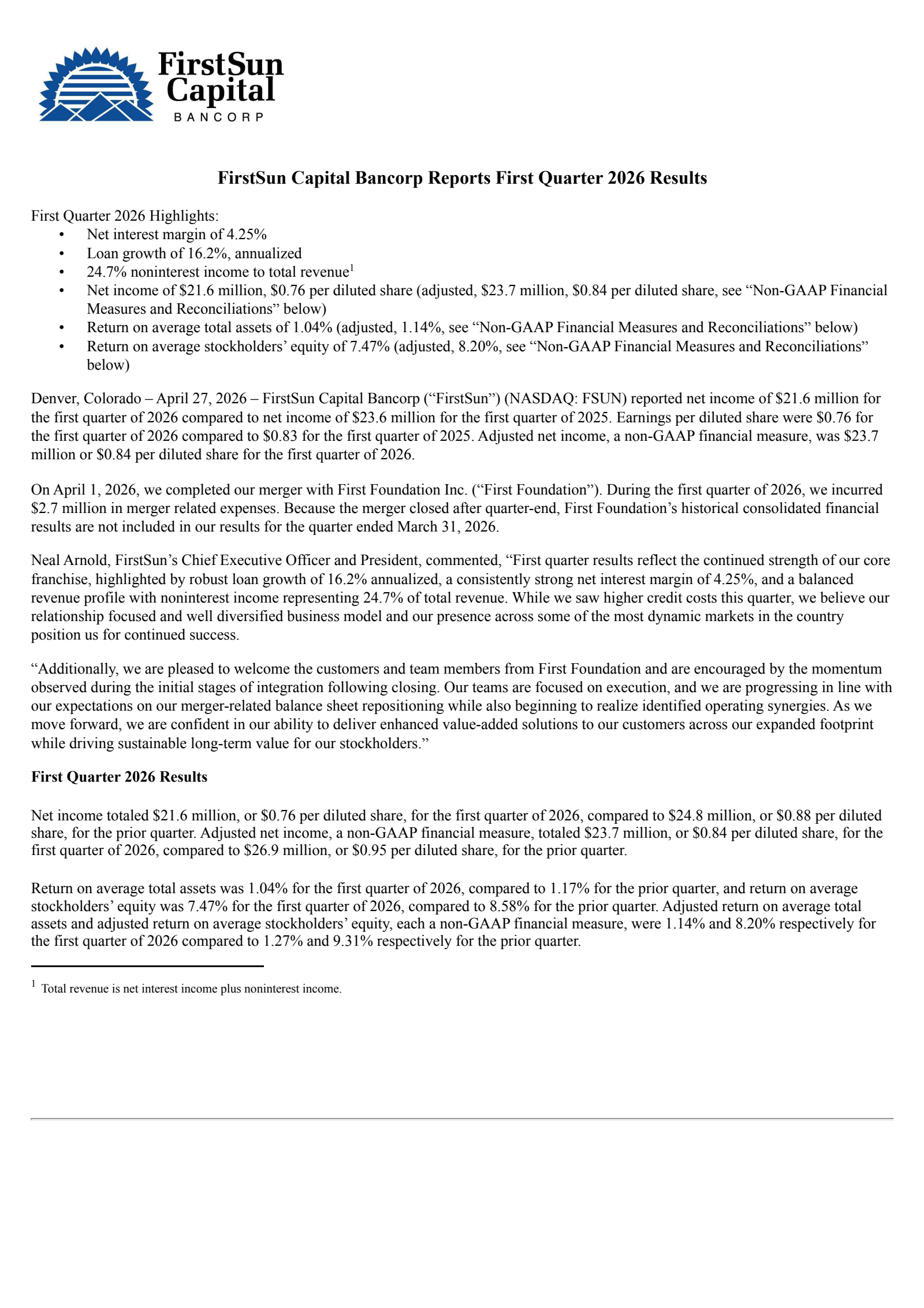 FirstSun Capital Bancorp's Q1 2026 Press Release