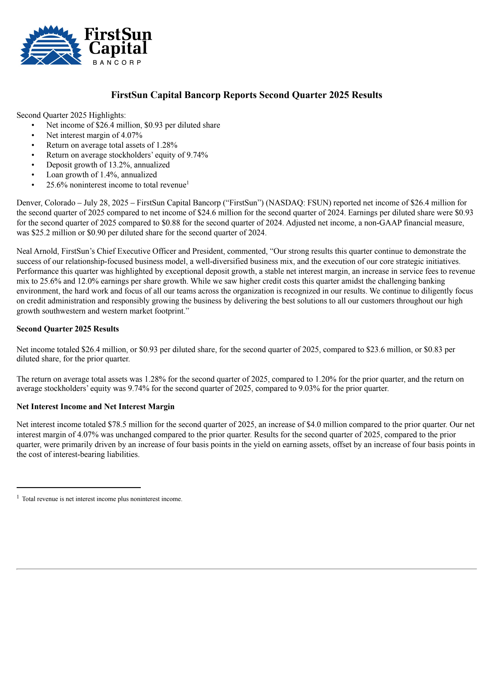 FirstSun Capital Bancorp's Q2 2025 Press Release