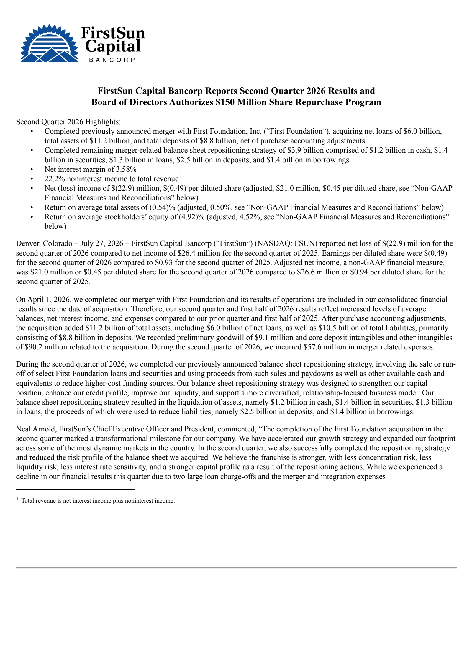FirstSun Capital Bancorp's Q2 2026 Press Release