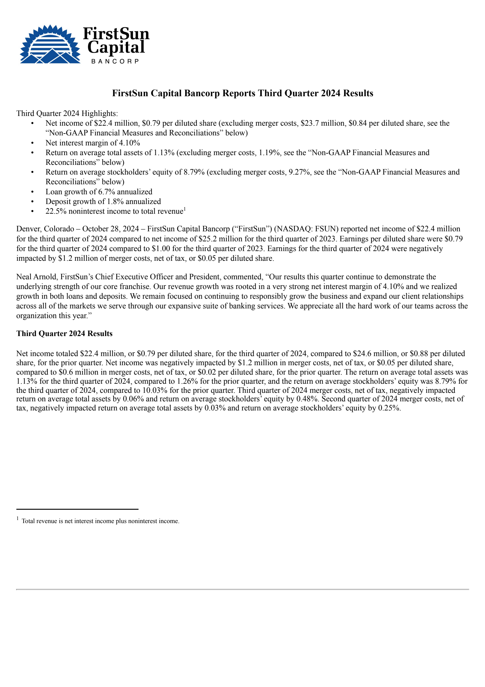 FirstSun Capital Bancorp's Q3 2024 Press Release