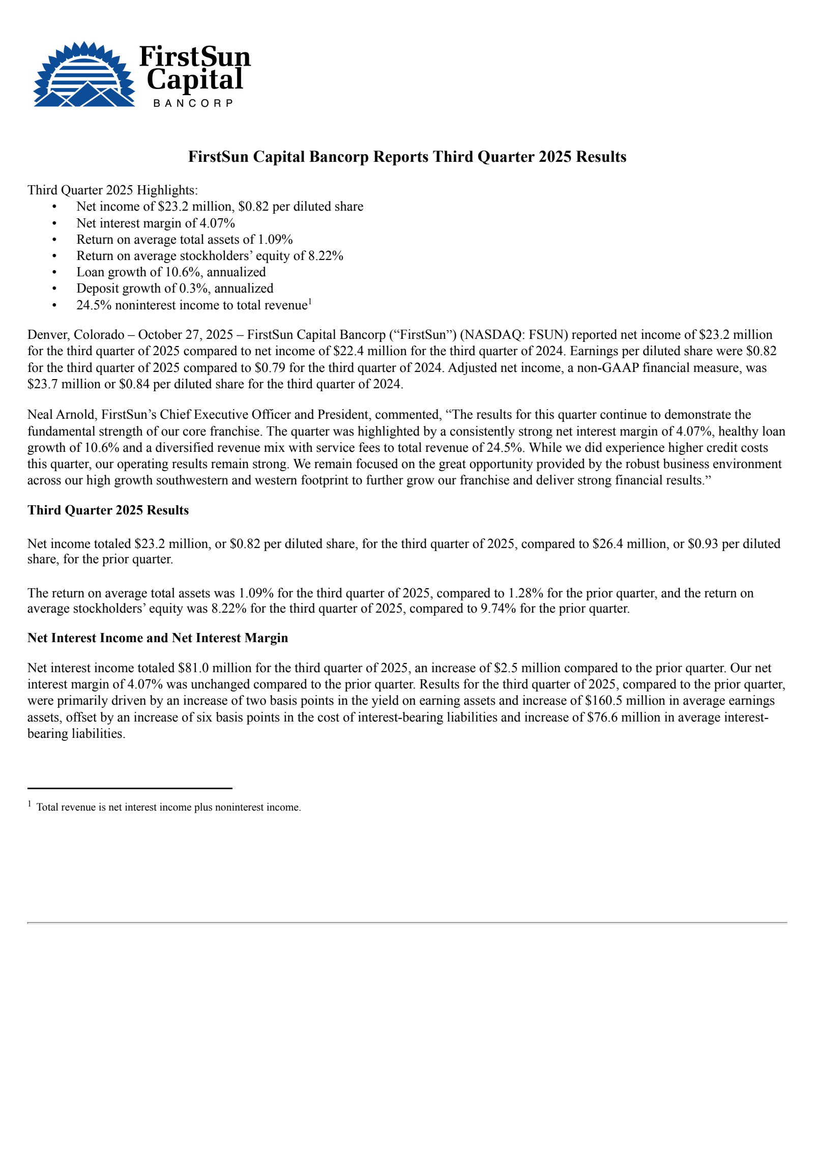 FirstSun Capital Bancorp's Q3 2025 & M&A Announcement Earnings Release