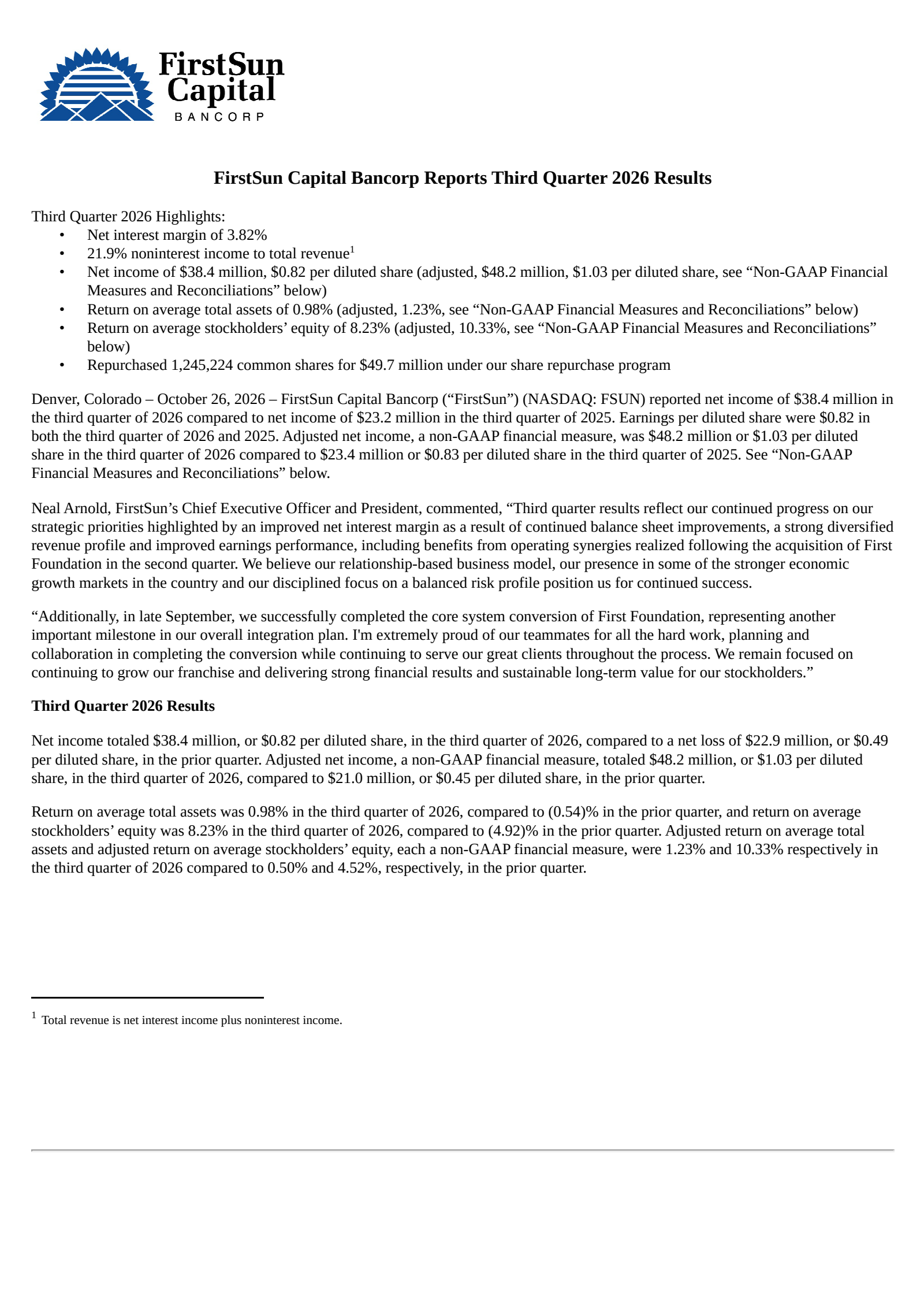 FirstSun Capital Bancorp's Q3 2026 Press Release
