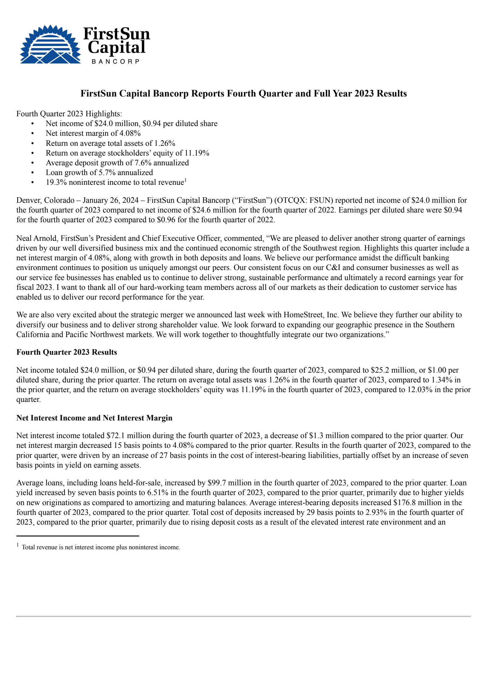 FirstSun Capital Bancorp's Q4 2023 Press Release