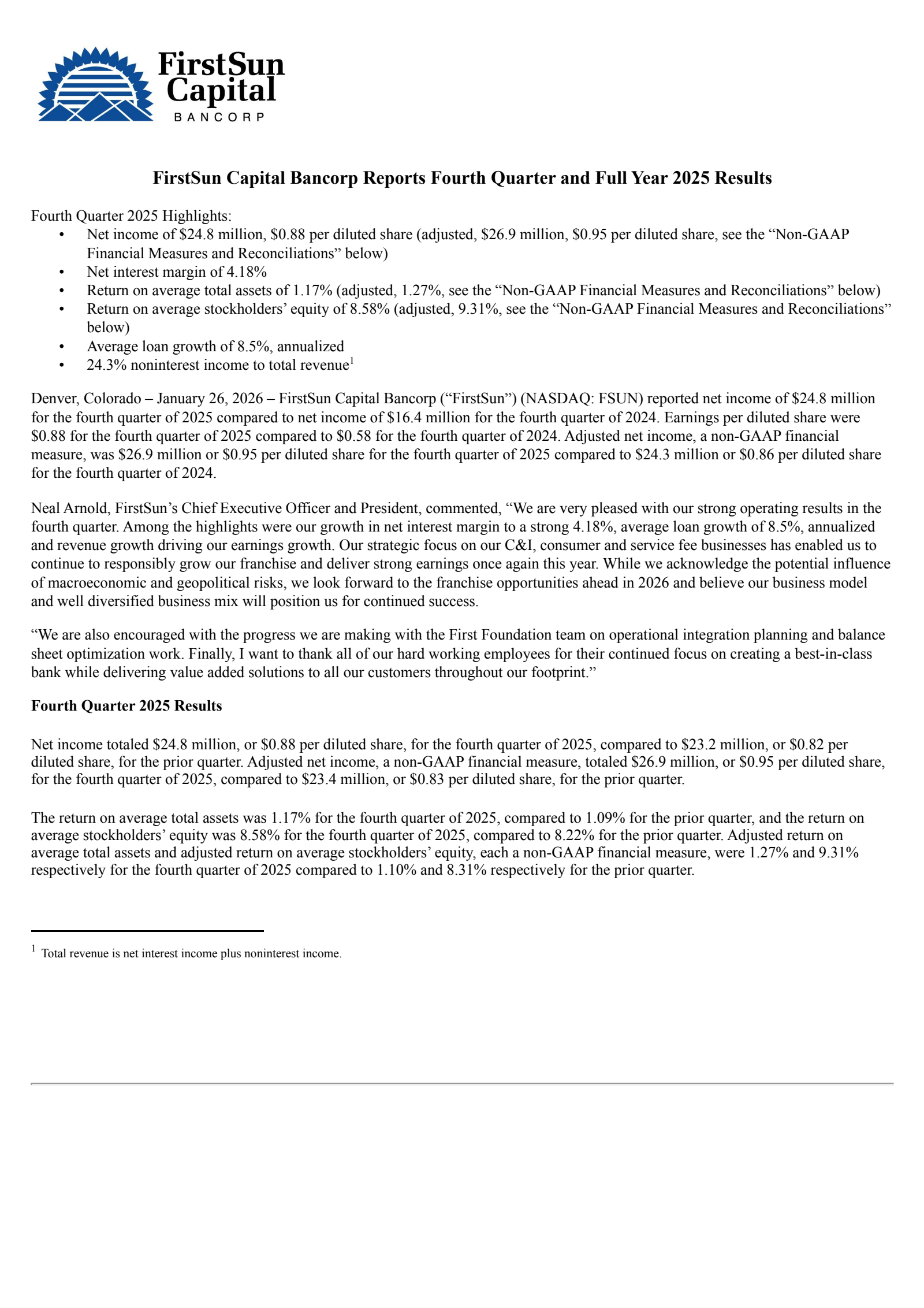 FirstSun Capital Bancorp's Q4 2025 Press Release