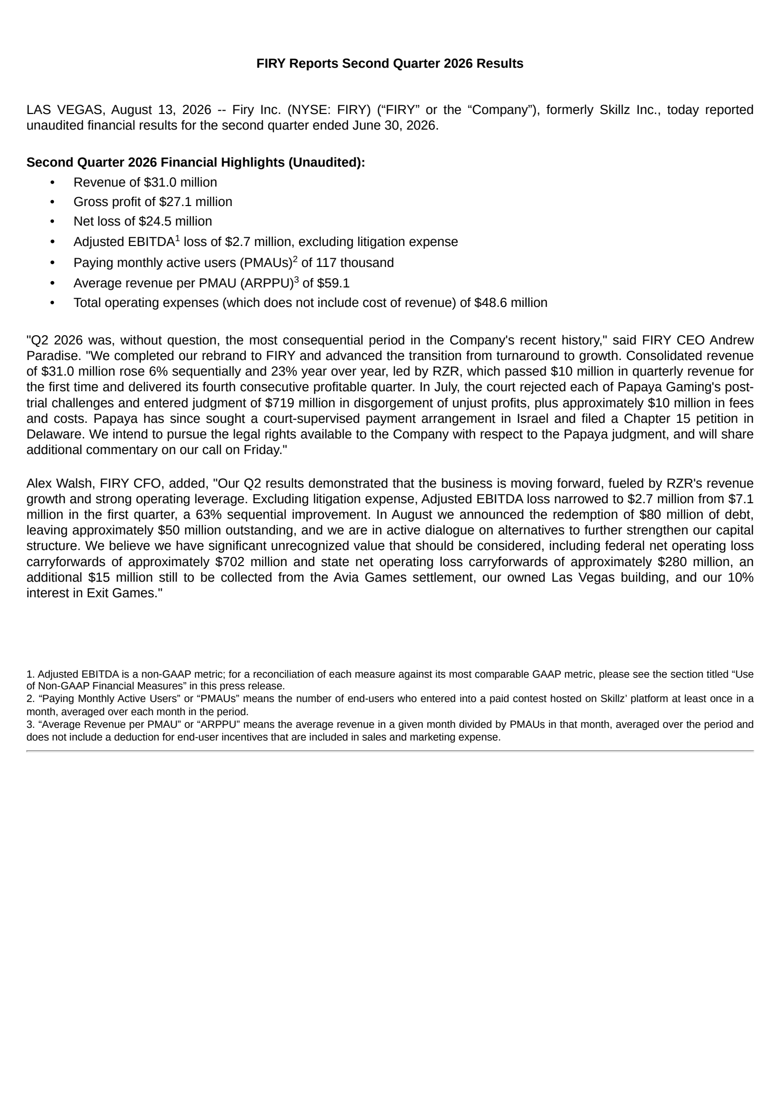 Skillz's Q2 2026 Press Release