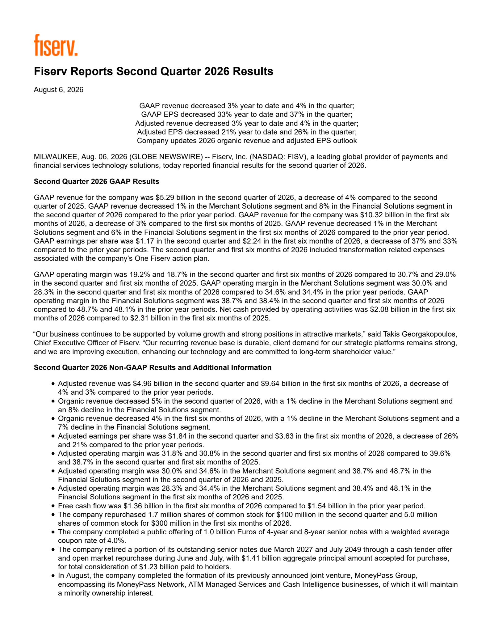 Fiserv's Q2 2026 Press Release
