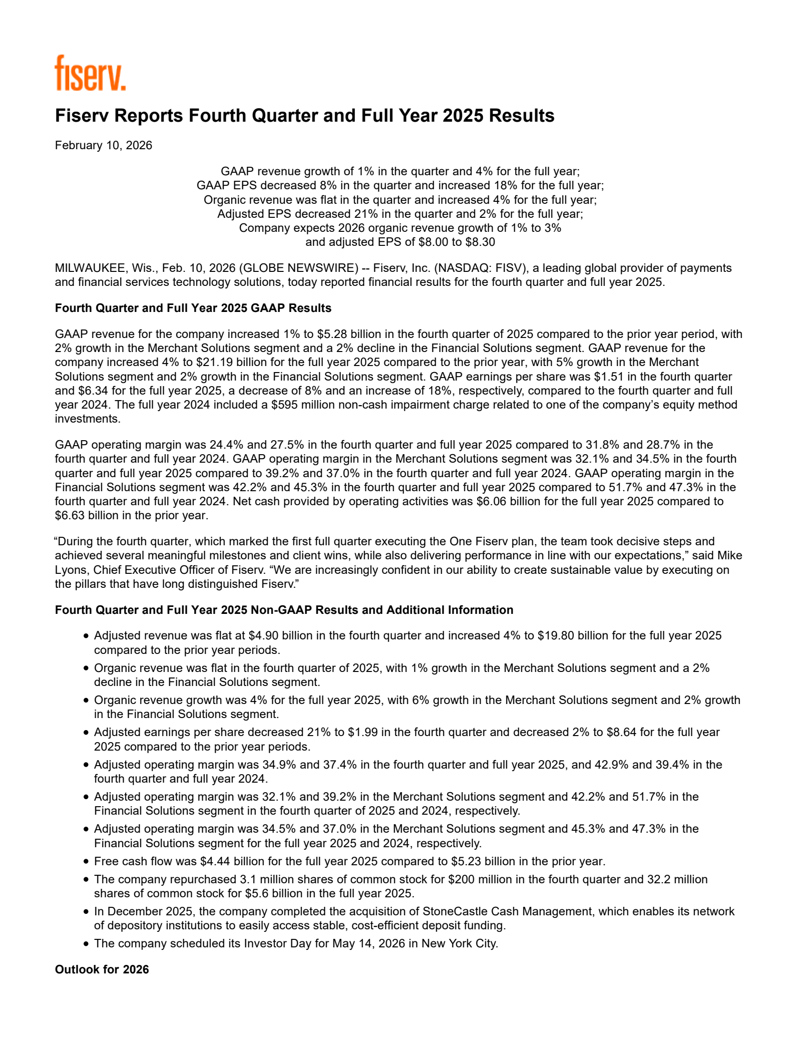 Fiserv's Q4 2025 Press Release